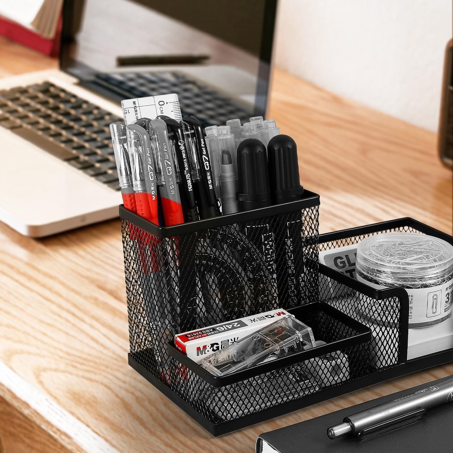 Mesh Pen Holder Desk Organizer   3 Compartment Metal Pencil Holder for Office &2