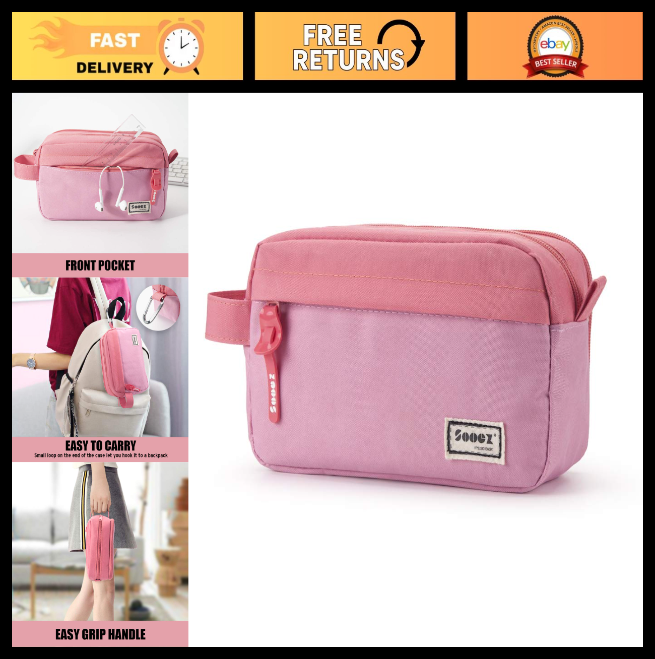 High Capacity Pencil Case Organizer   Big Pouch with Easy Grip Handle, Pink0