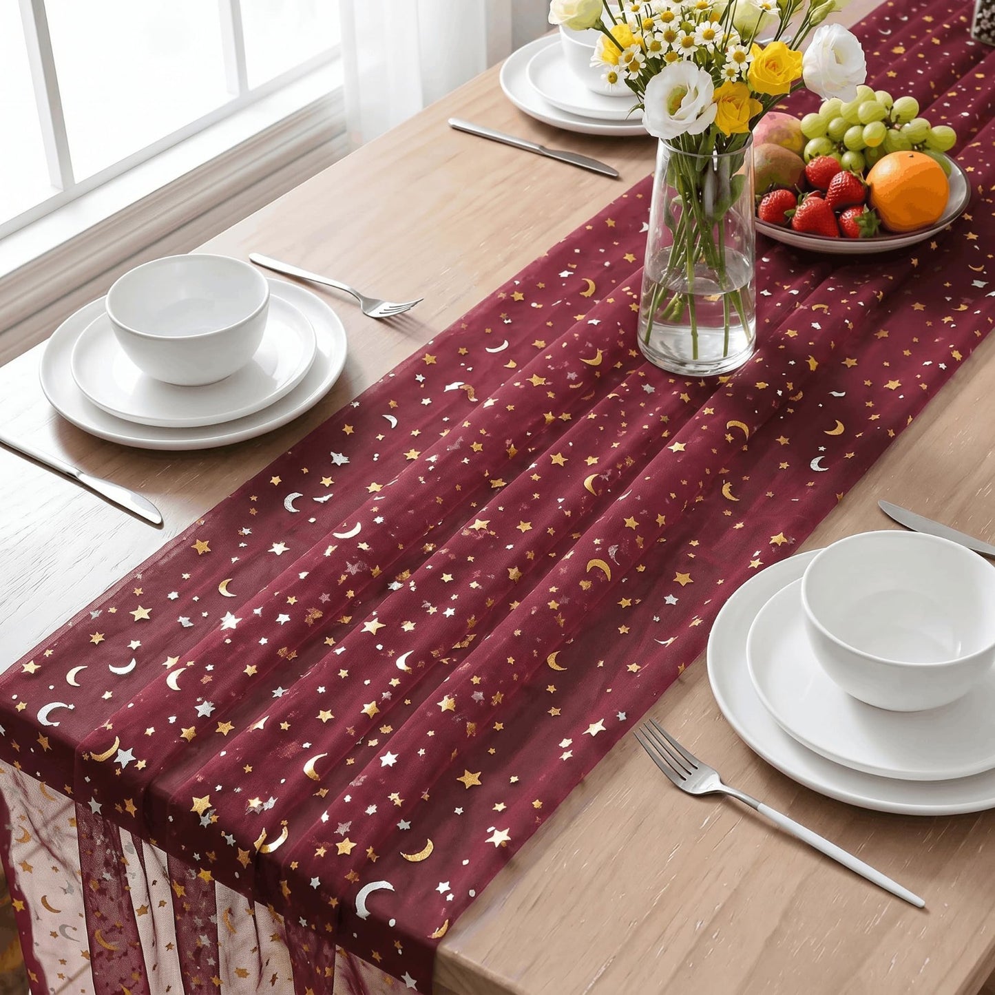 Burgundy Star Moon Table Runner 10FT - Glitter Foil Sheer Dining Decor for Parti5