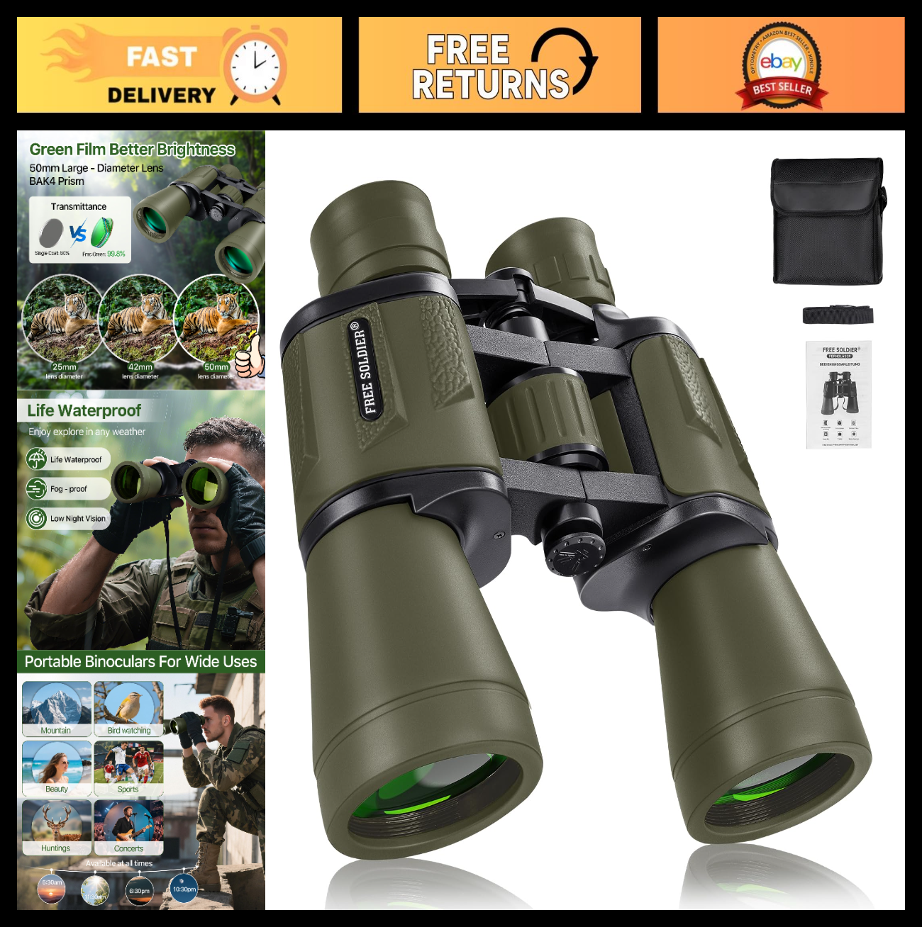 High Powered 20x50 Binoculars for Adults   Low Light Night Vision, 28mm Eyepiece0
