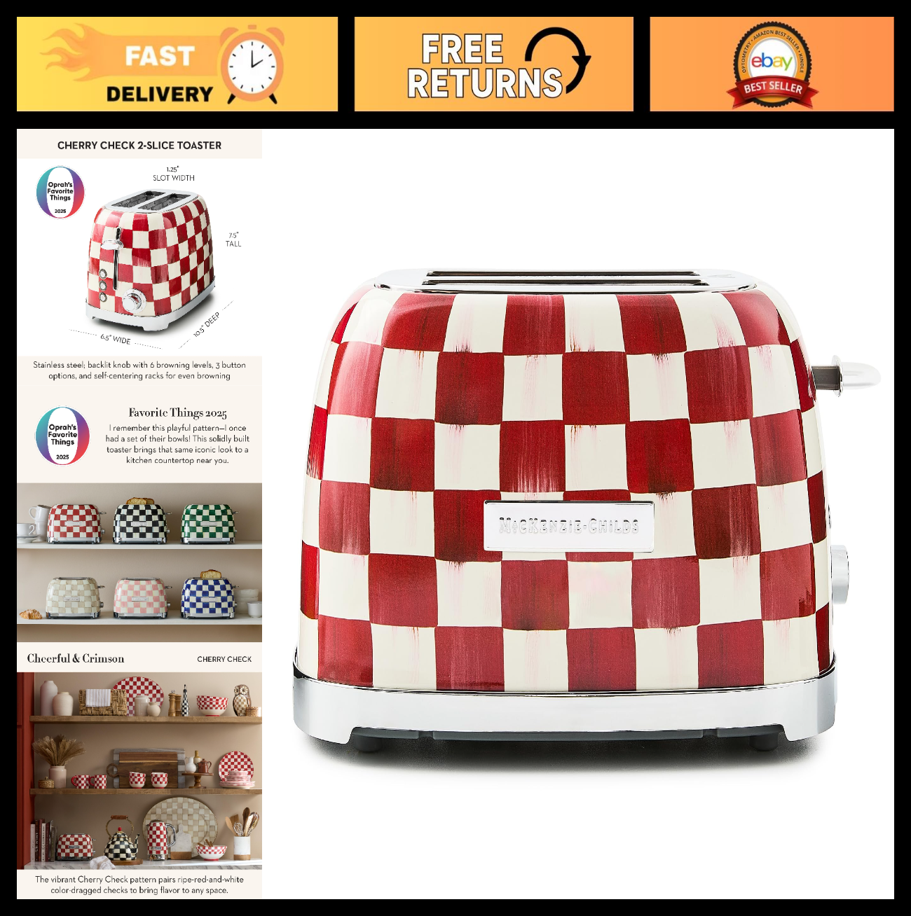 Decorative 2-Slice Toaster for Kitchen, Red and White Cherry Check Design0