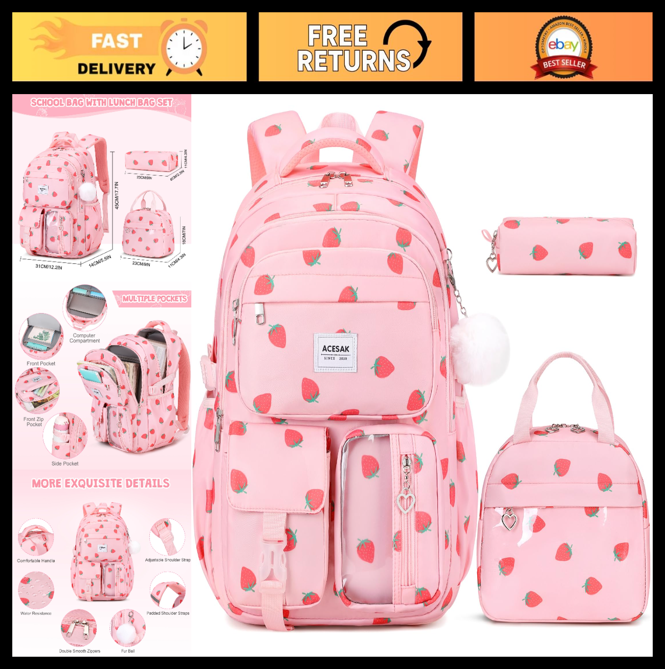 Stylish Girls Backpack with Lunch Bag & Pencil Pouch   Teen School Bookbag, Pink0