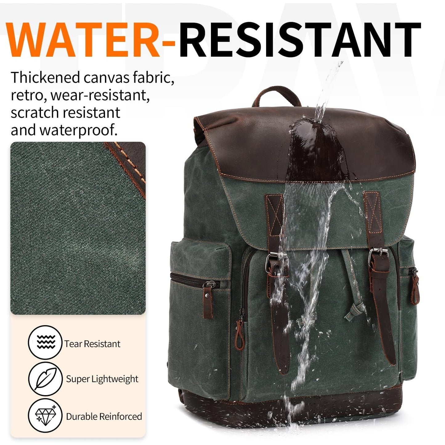 Vintage Waxed Canvas Leather Backpack for Men, 17.3" Laptop Rucksack, Travel Bag6