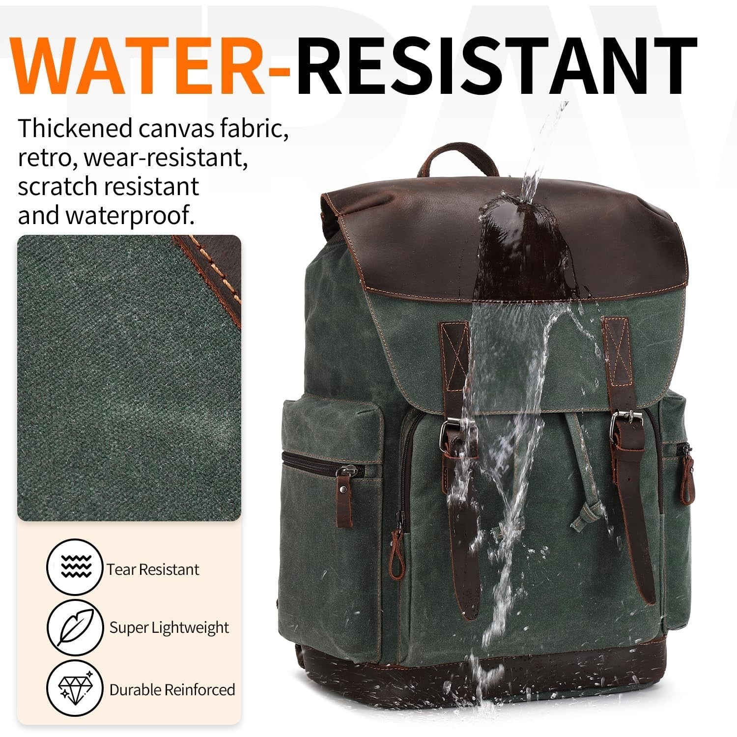 Vintage Waxed Canvas Leather Backpack for Men, 17.3" Laptop Rucksack, Travel Bag6