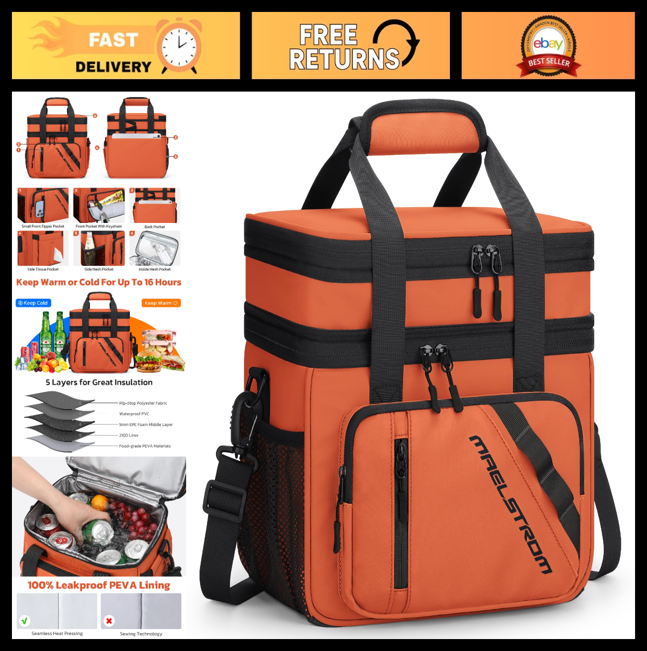 Insulated Cooler Bag 20L - Expandable Double Deck Lunch Box, Leakproof, Lightwei0