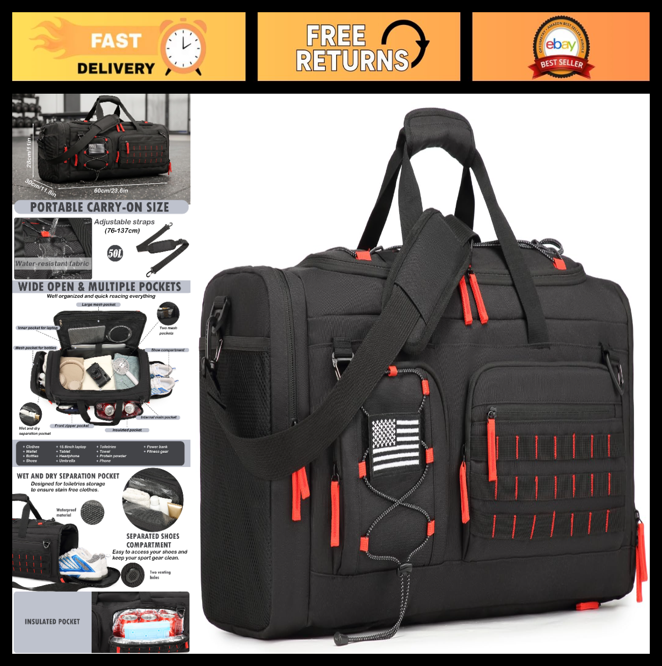 50L Tactical Gym Bag with Shoe & Laptop Compartment   Unisex Sports Backpack0