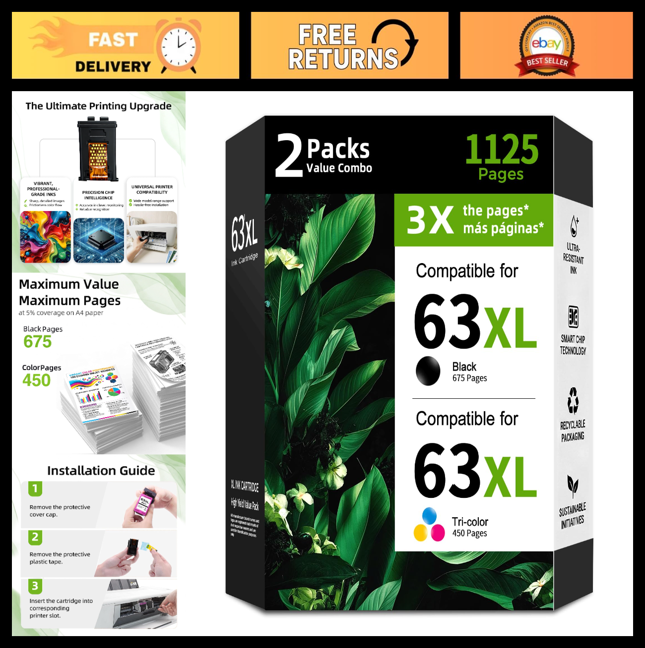 High-Yield 63XL Ink Cartridge Combo Pack - Black & Color for Envy, Officejet, De0