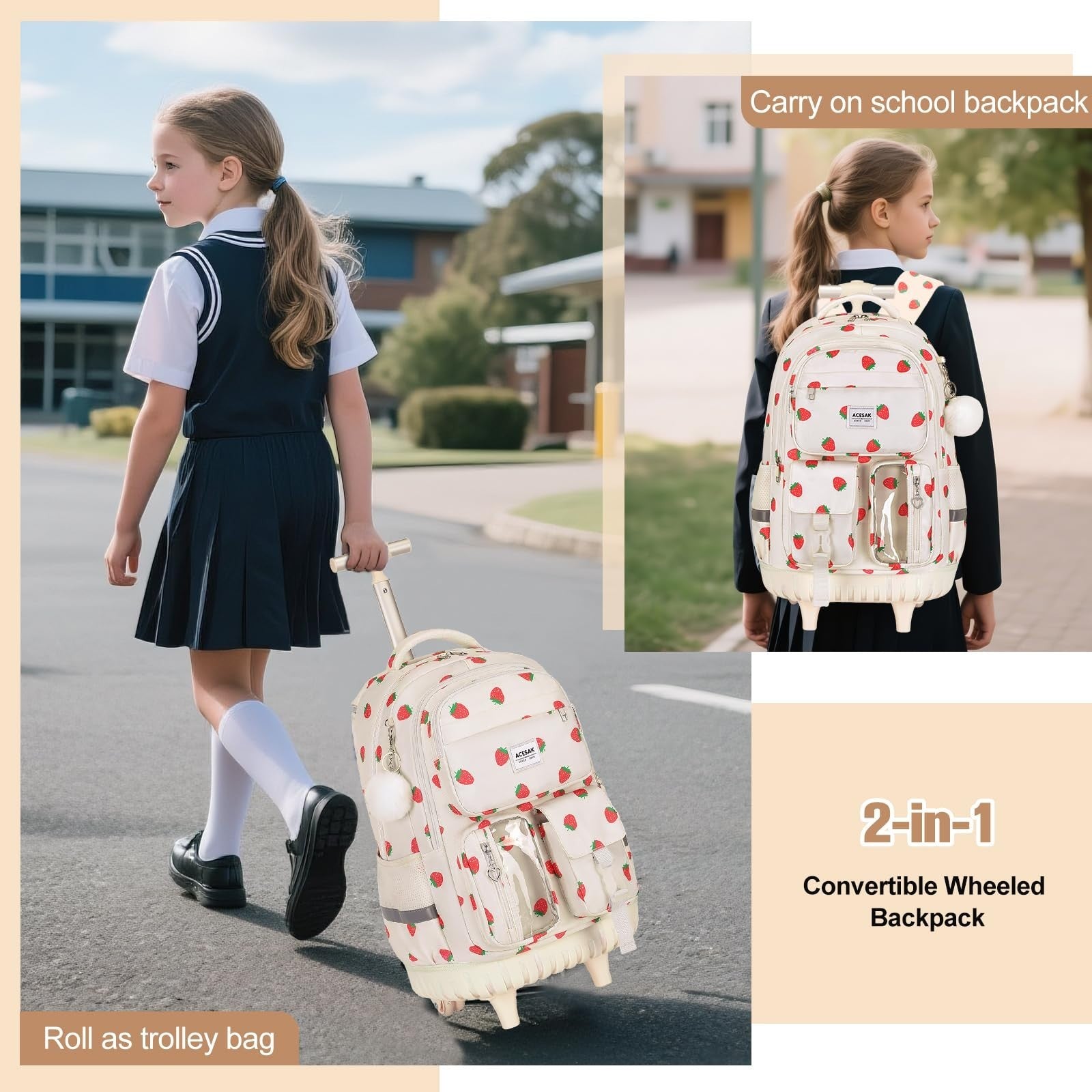 Rolling Backpack with Wheels for Girls, Lunch Bag & Pencil Pouch, School Travel6