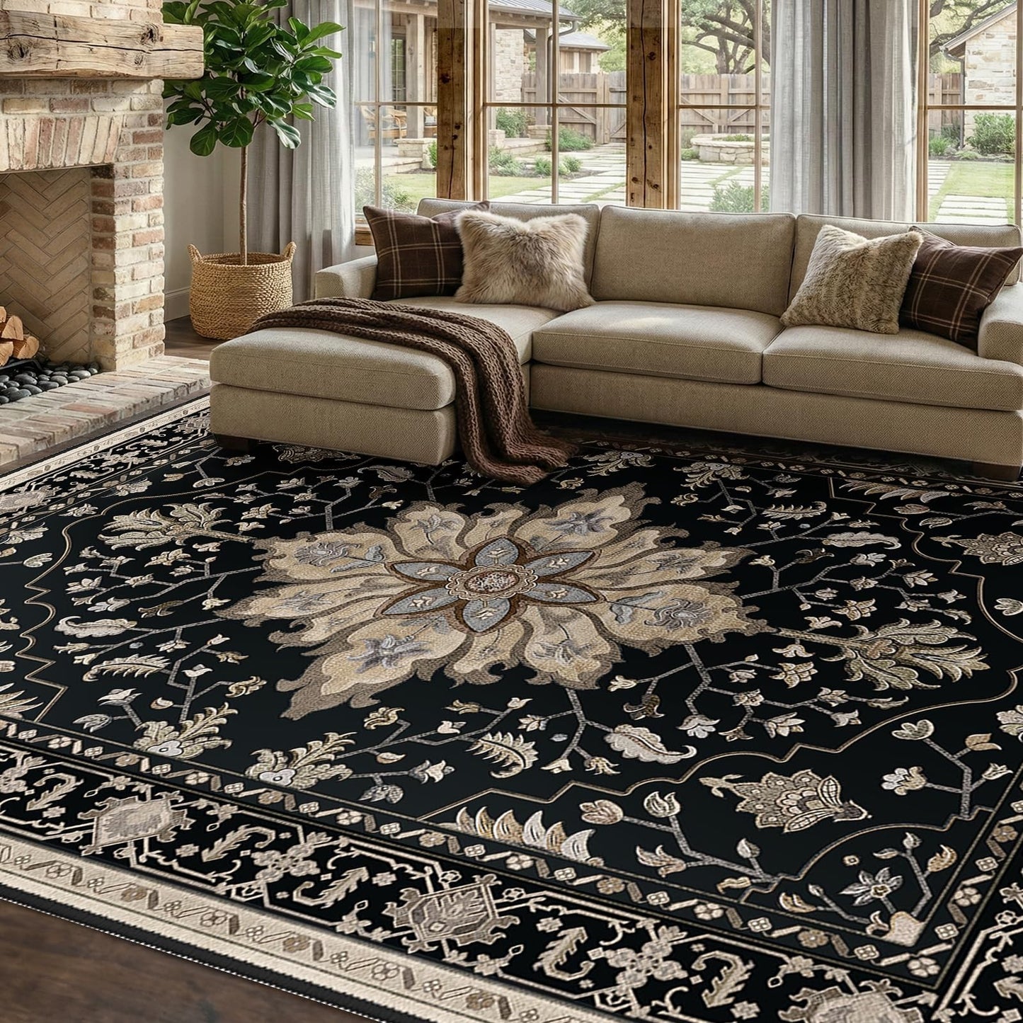 Washable 8'x10' Area Rug   Non Slip, Water Repellent, Pet Friendly, Vintage Flor2