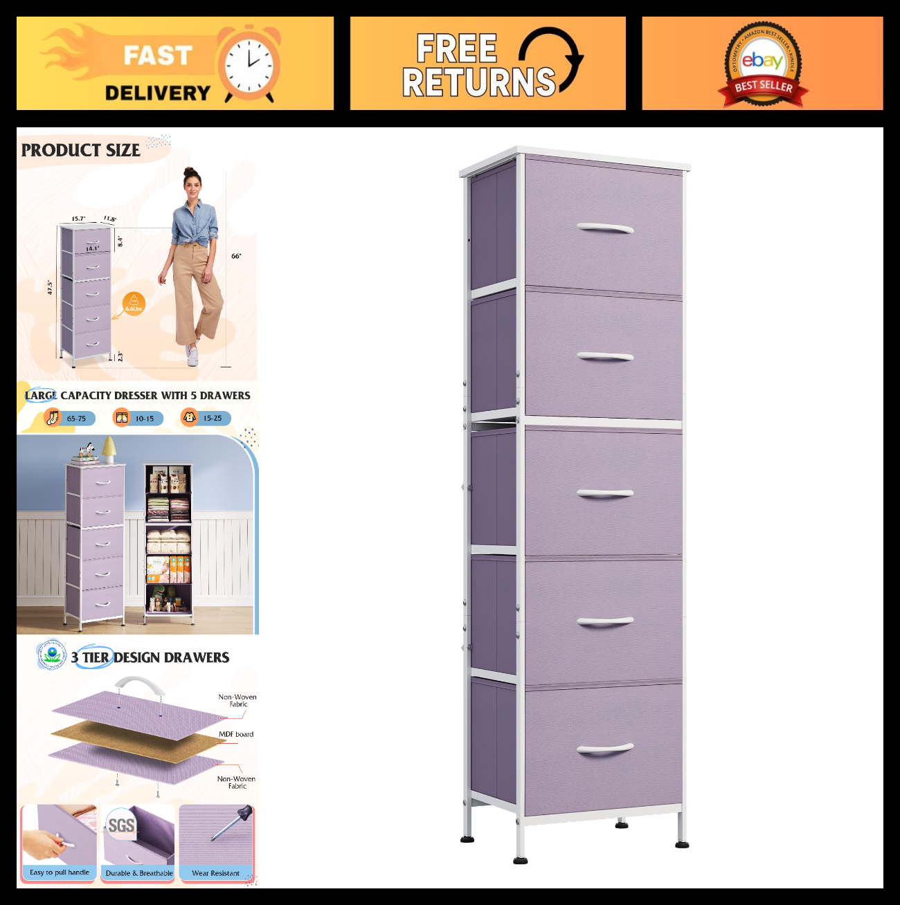 Tall Dresser for Bedroom - 5 Drawer Vertical Storage Chest, Purple Fabric, Small0