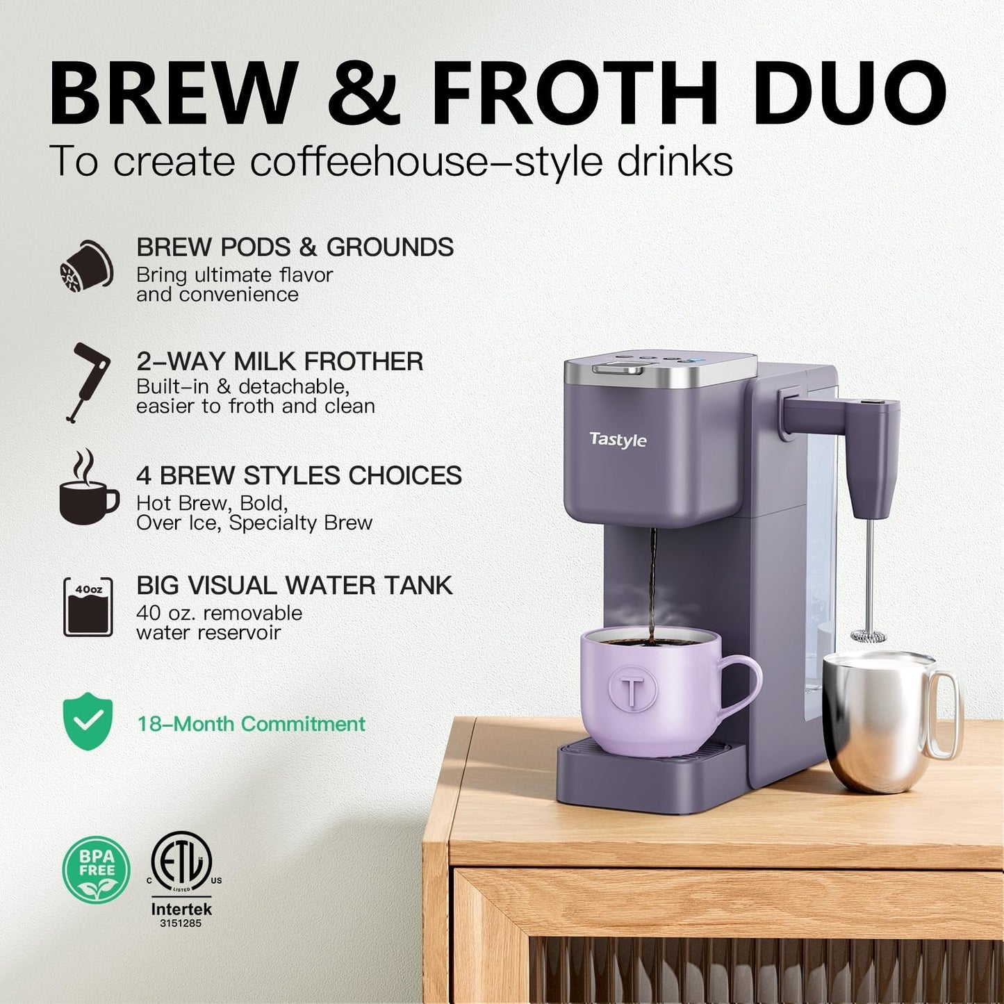 Single Serve Coffee Maker with Milk Frother, 40oz Tank, 6 Brew Sizes, BPA Free3