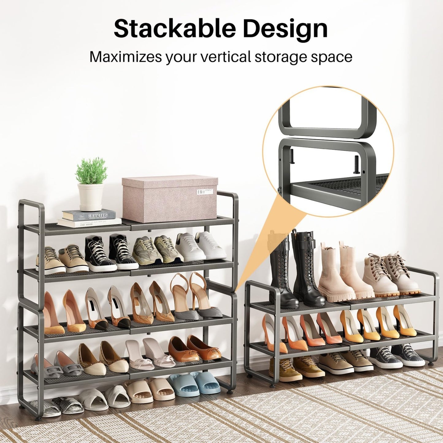 Expandable Shoe Rack Organizer   Adjustable Metal Storage Shelf, Stackable 2 Tie5