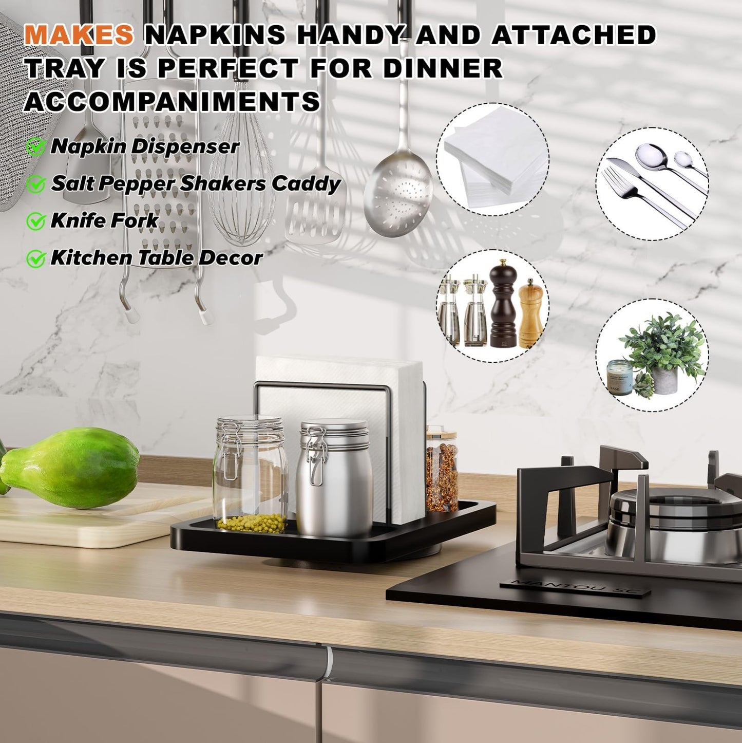 Rotating Bamboo Napkin Holder & Metal Caddy for Kitchen, Bathroom, Farmhouse Dec4