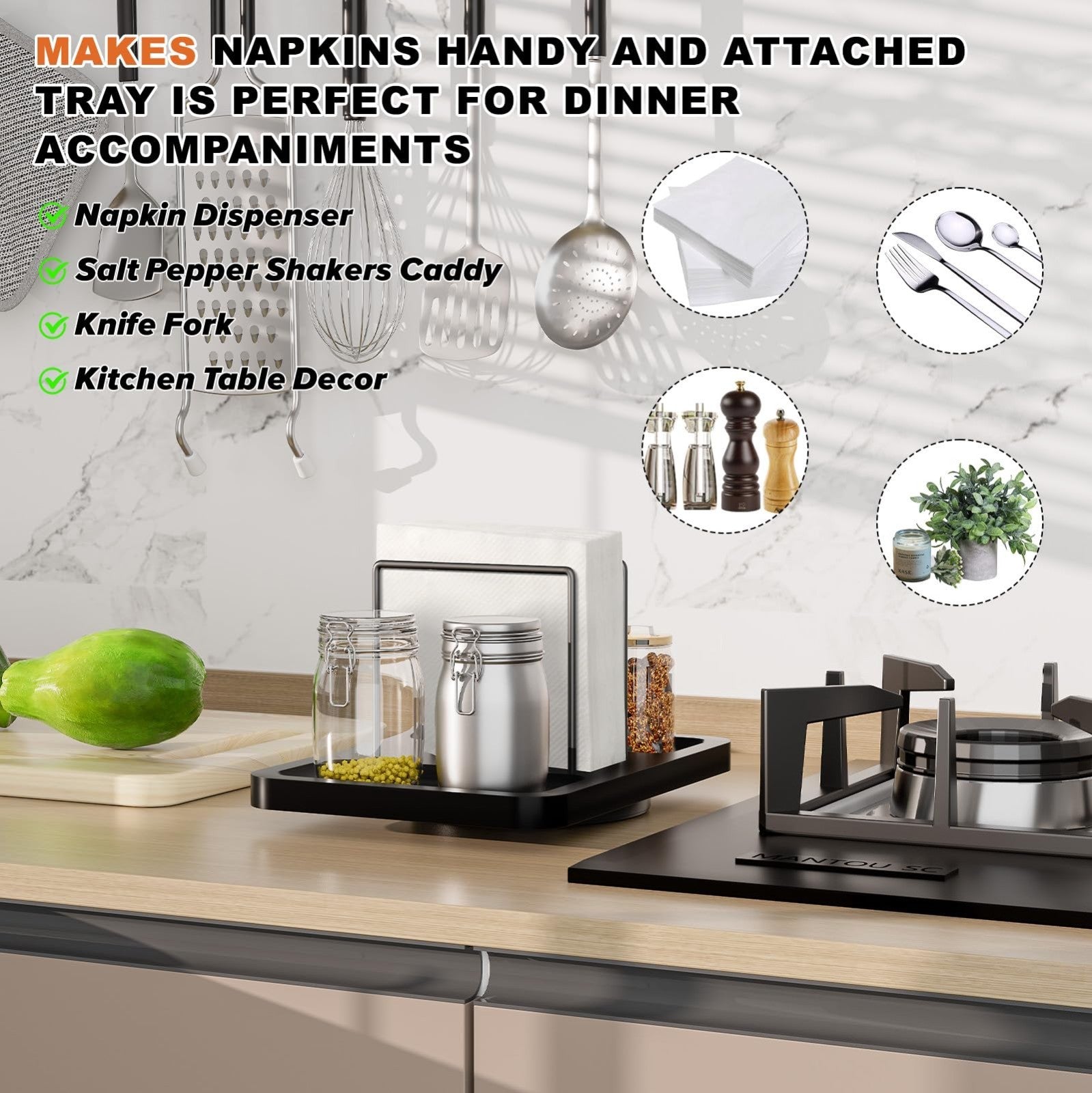 Rotating Bamboo Napkin Holder & Metal Caddy for Kitchen, Bathroom, Farmhouse Dec4