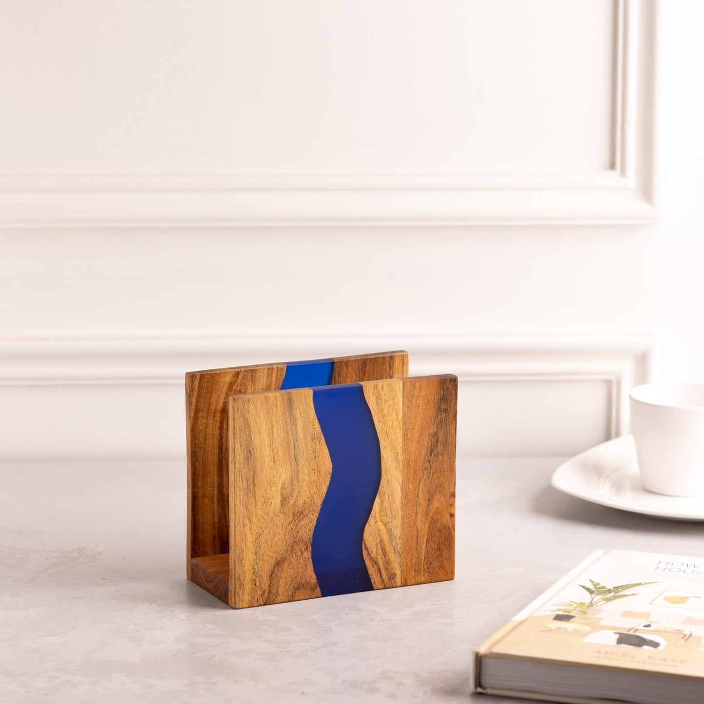 Rustic Acacia Wood Napkin Holder with Blue Epoxy Resin - Farmhouse Table Organiz2