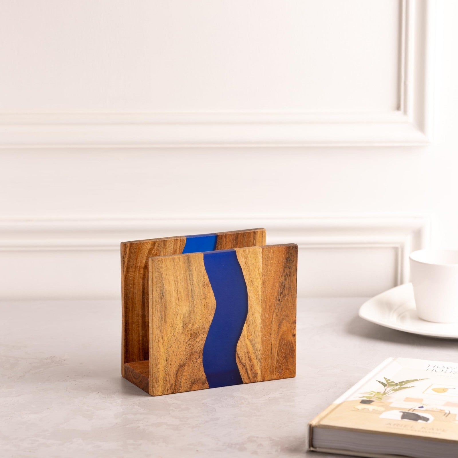 Rustic Acacia Wood Napkin Holder with Blue Epoxy Resin - Farmhouse Table Organiz2