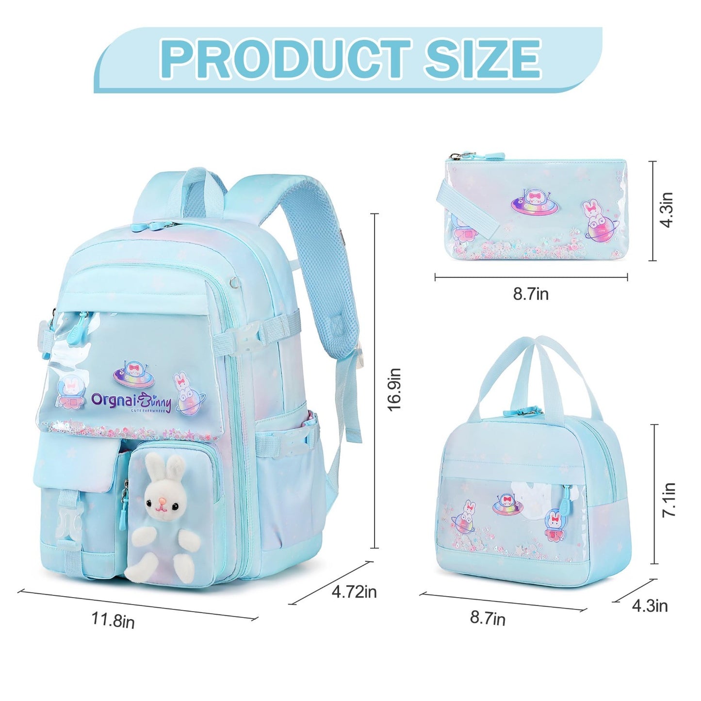 Kawaii Bunny Girls Backpack Set   3PCS School Bag, Lunch Box & Pencil Case, Drea1