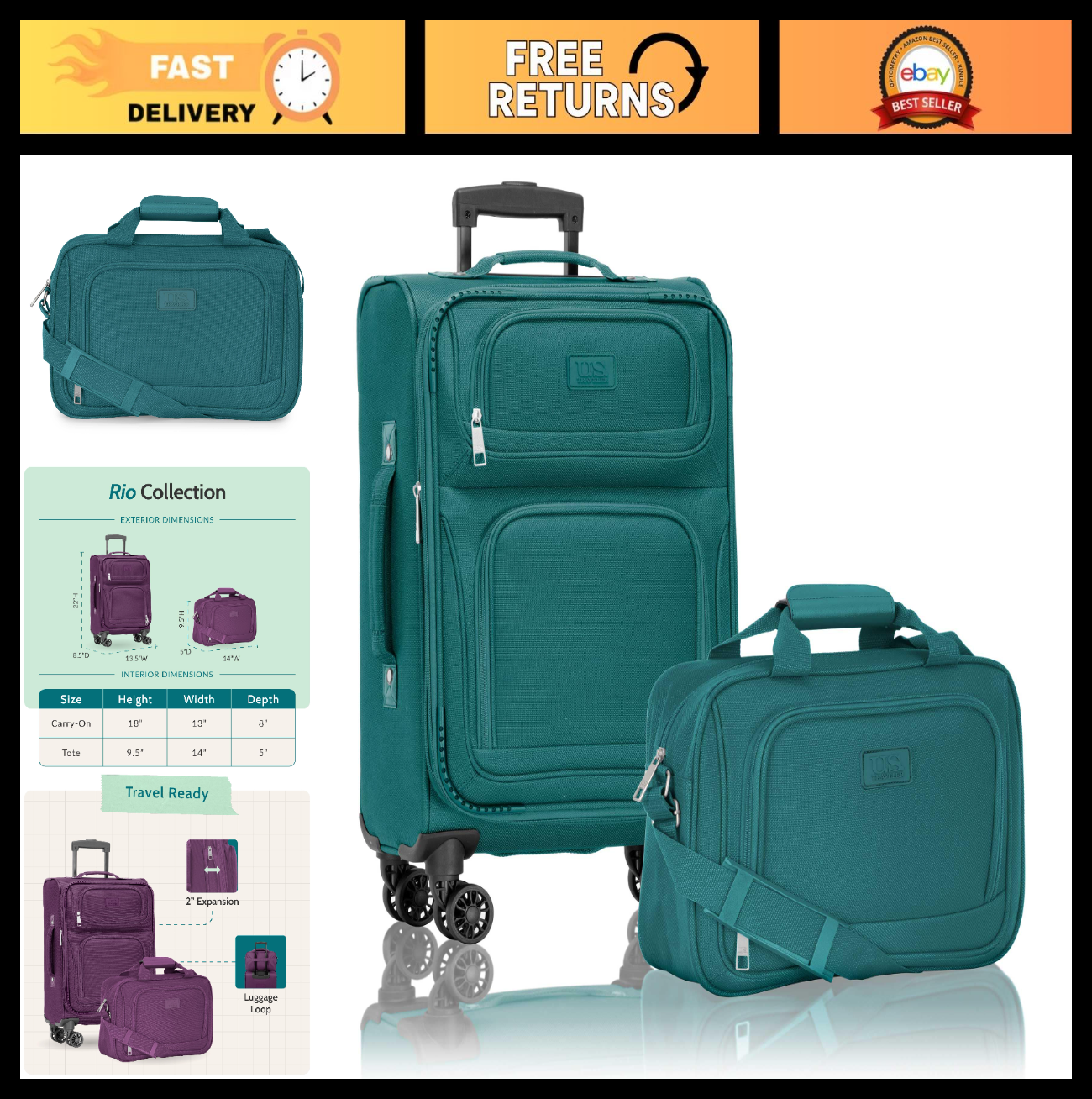 Lightweight Softside Rolling Carry-On Suitcase, 4-Wheel Travel Luggage, Teal0