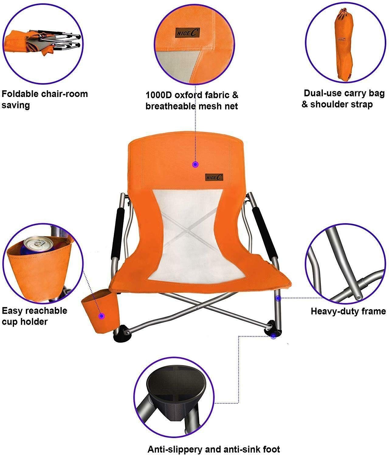 Compact Folding Beach Chair with Cup Holder - Heavy Duty Outdoor Camping, Travel4
