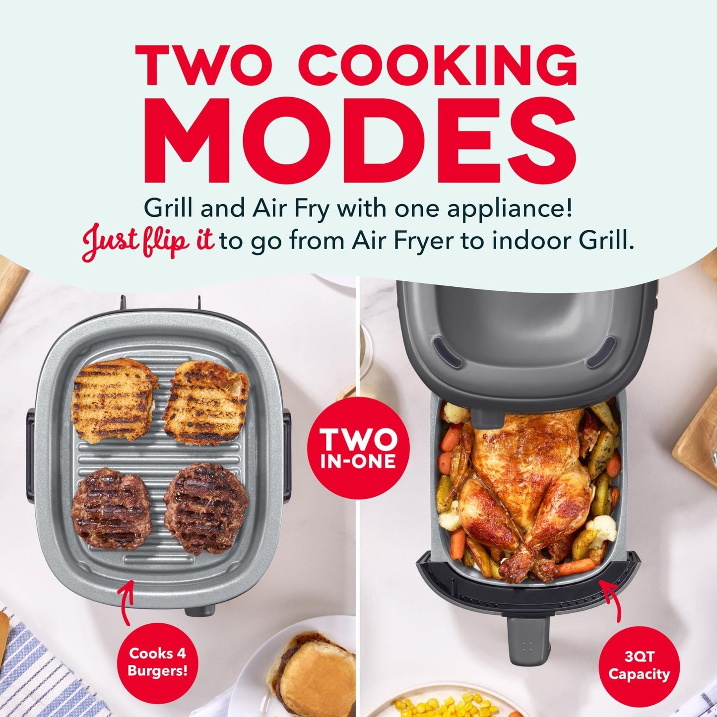 2-in-1 Air Fryer & Grill, 3 QT Capacity, Healthy Cooking, Non-Stick, Versatile2