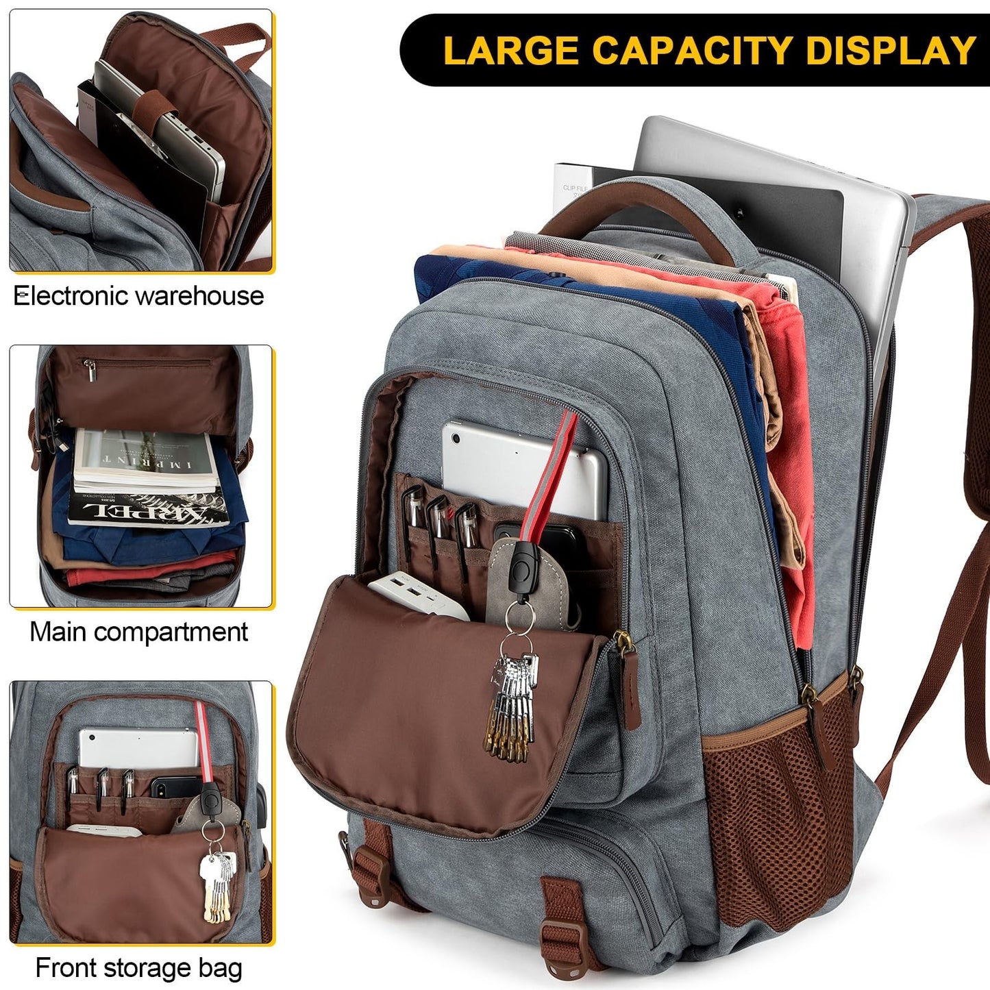 Stylish Canvas Laptop Backpack for Men & Women, 15.6" Rucksack, Large Capacity T3
