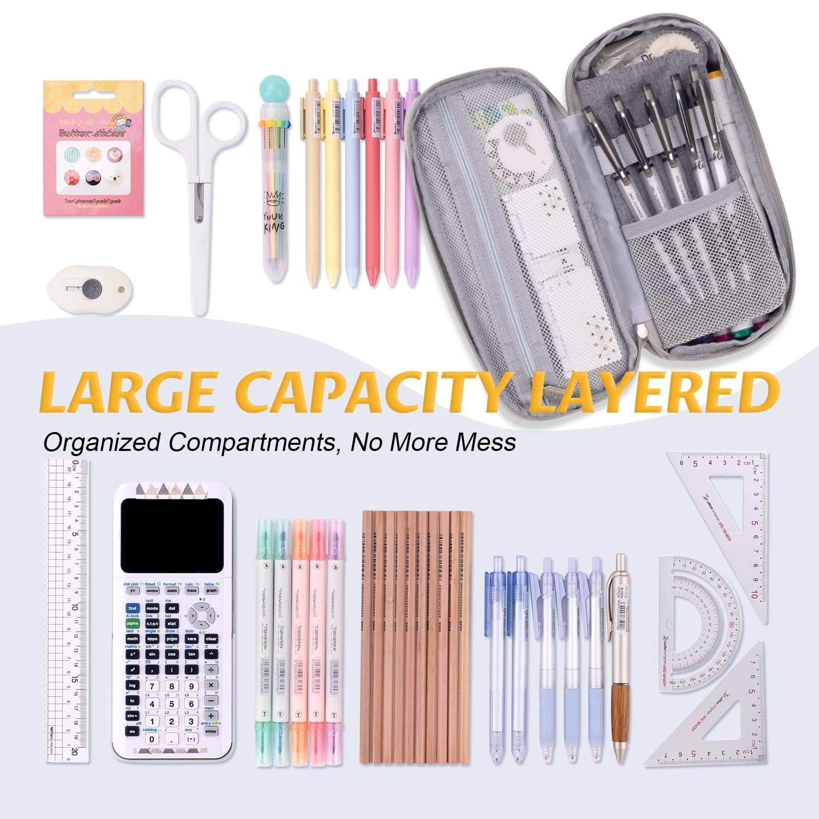 Large Capacity Pencil Case   Office & School Storage Organizer Bag Pouch   Gray3