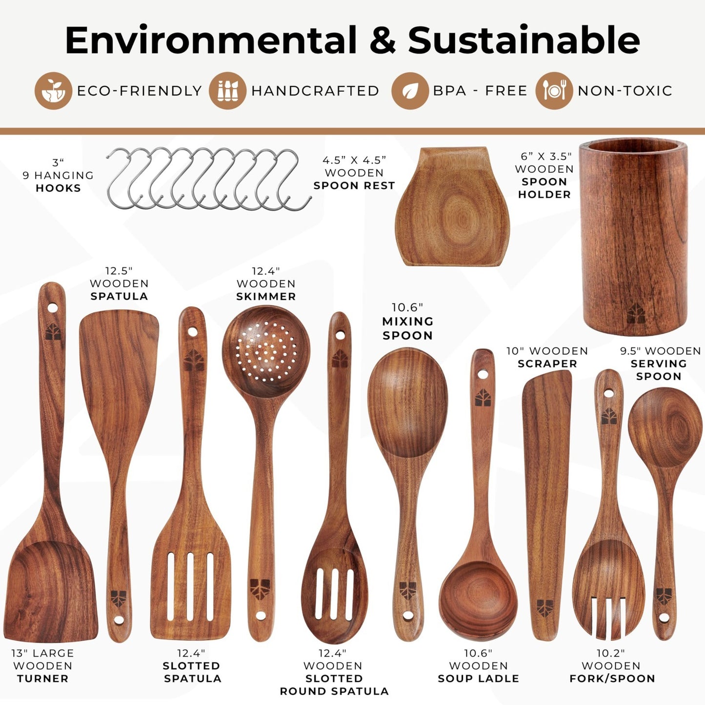 12 Pcs Wooden Cooking Spoons Set with Holder & Hooks | Heat Resistant, Nonstick2
