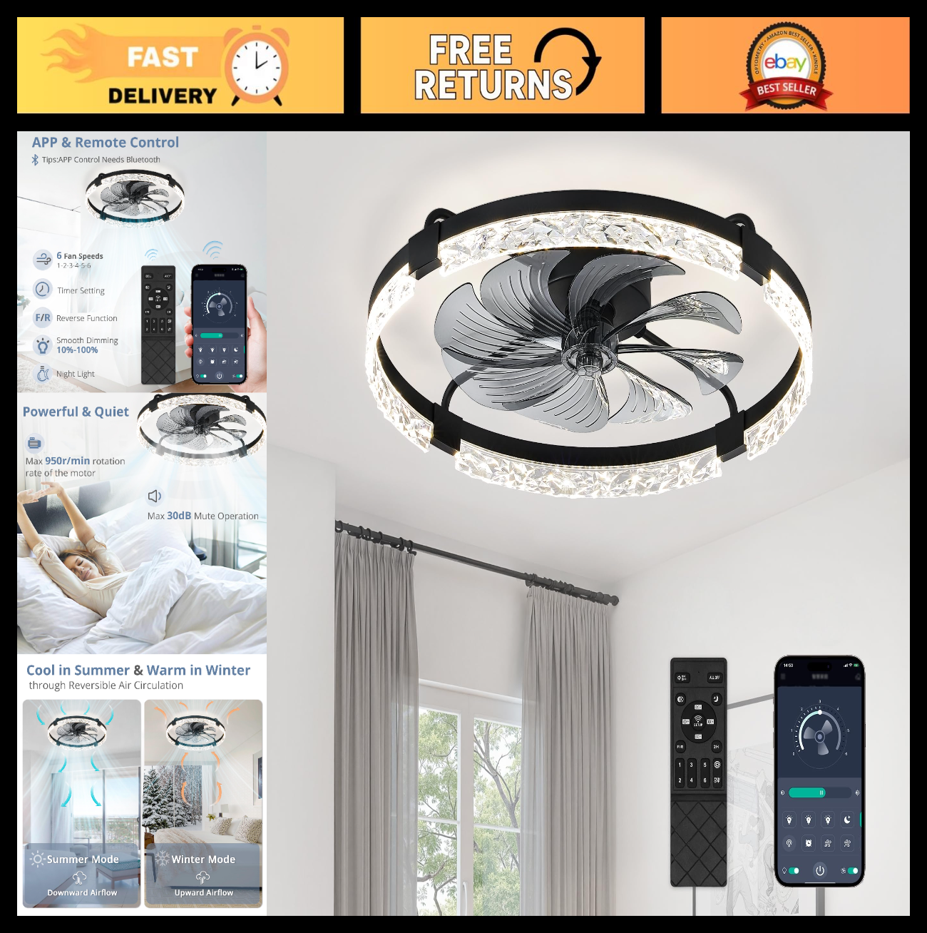 24" LED Ceiling Fan with Lights & Remote   Dimmable, 6 Speeds, Flush Mount, Time0