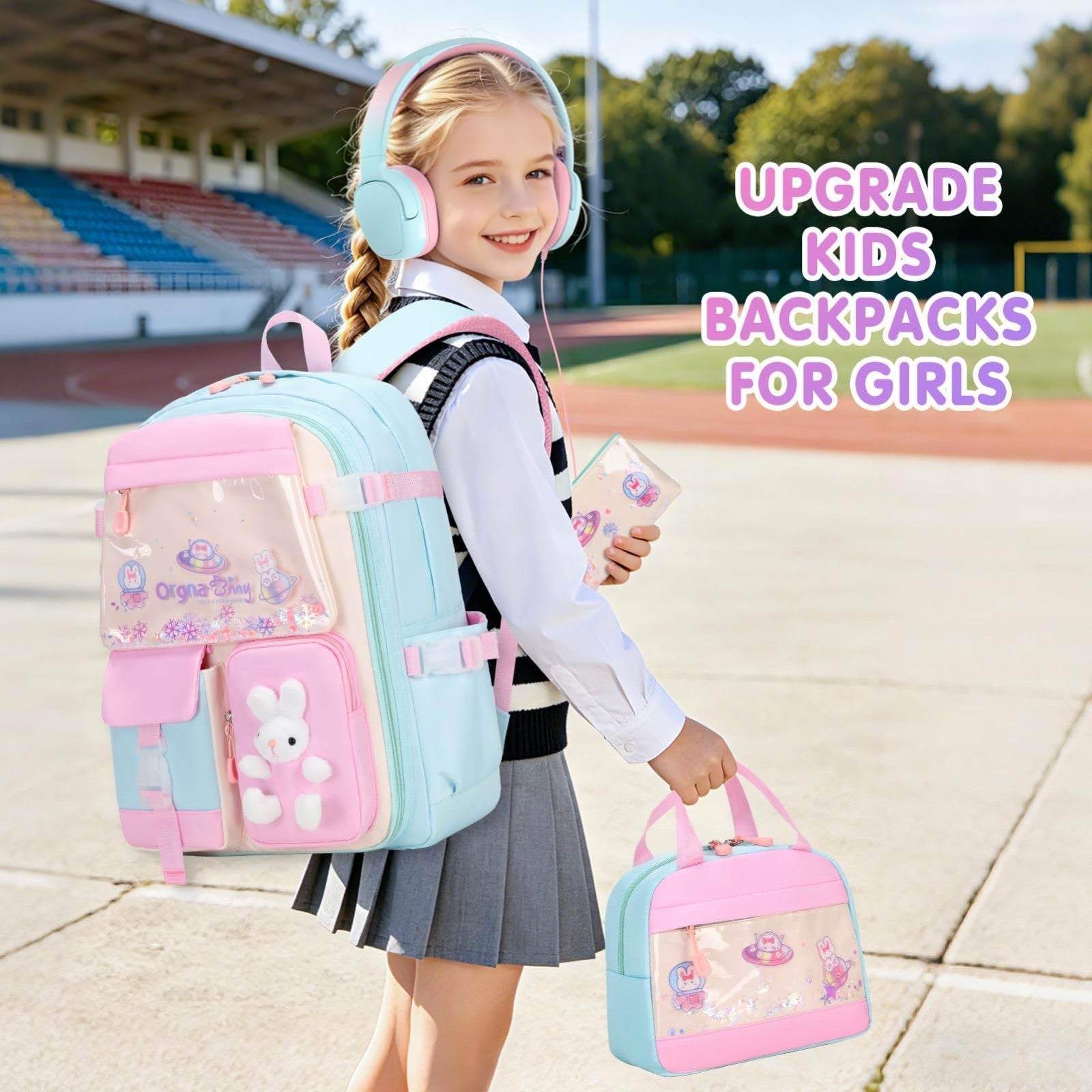 4PCS Kawaii Bunny Girls Backpack Set, Kids School Bag with Headphones, Lunch Box4
