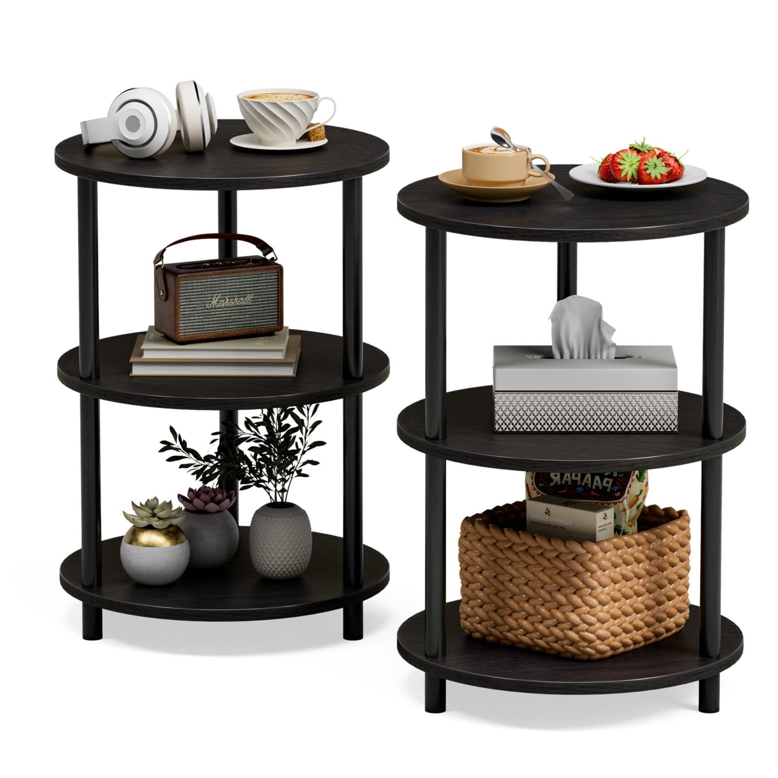 3-Tier Small Round End Table Set of 2 - Vintage Industrial Accent Nightstand for1
