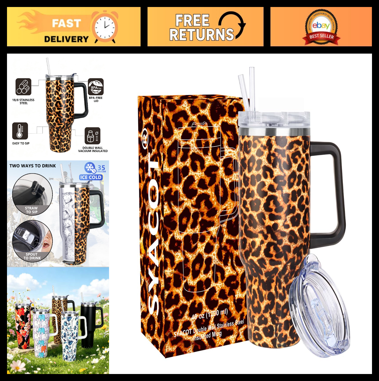 Insulated 40 oz Tumbler with Handle & Straw   Leak Proof, Dishwasher Safe, Trave0