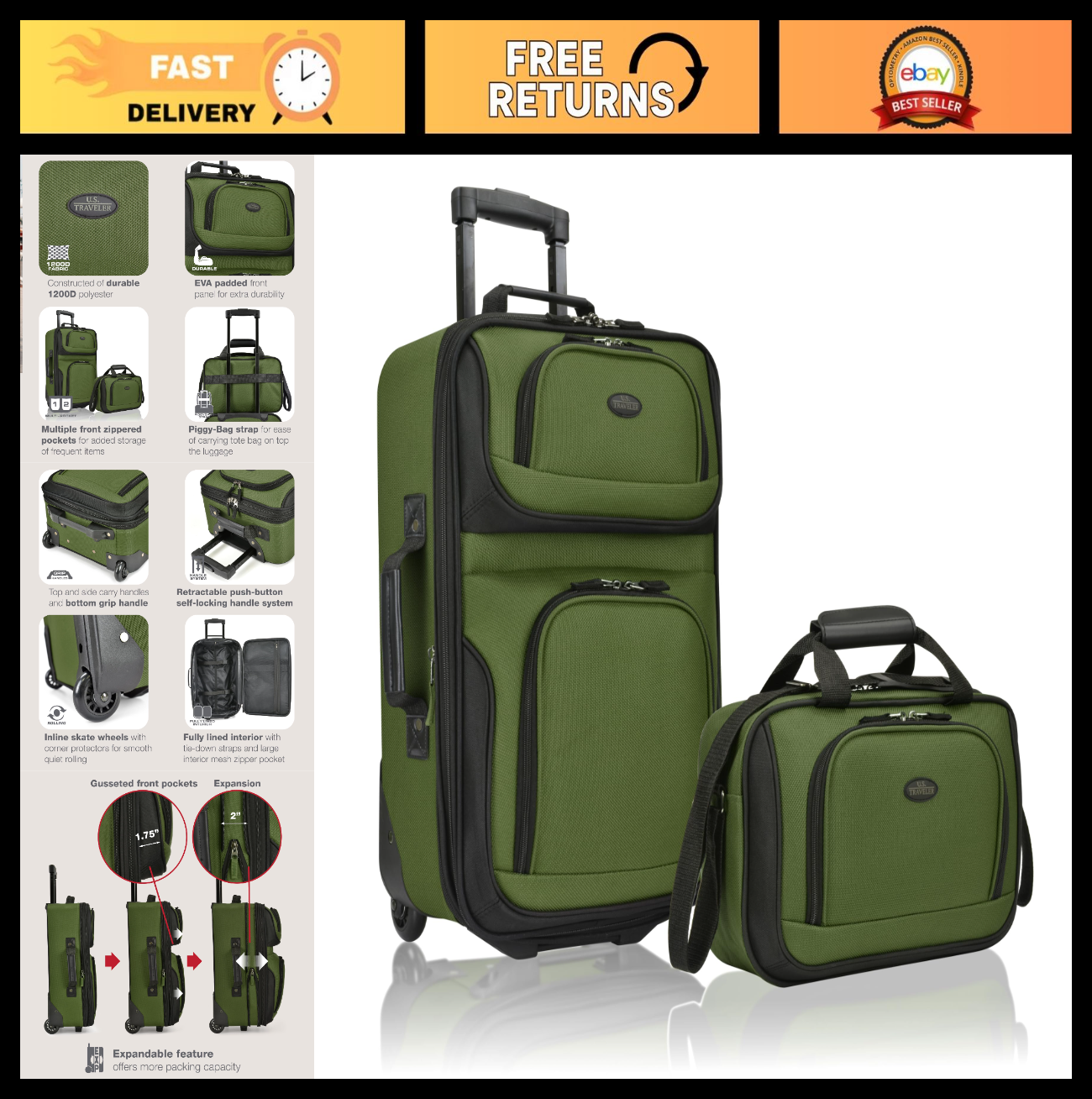 Lightweight Softside Rolling Carry-On Suitcase, 2-Wheel Travel Luggage Set, Gree0