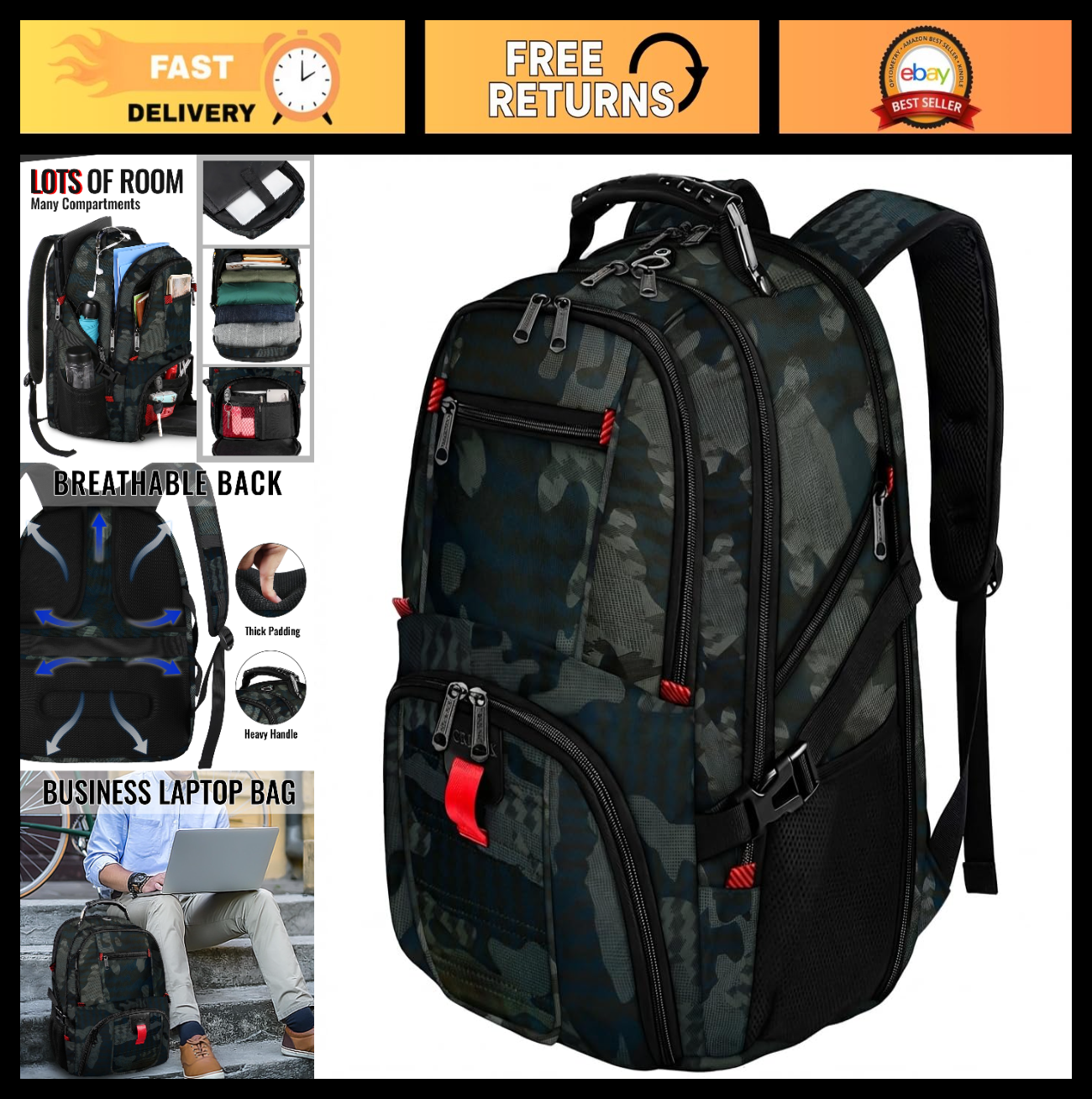 Large Heavy Duty Laptop Backpack for Men, Travel Backpack with Multiple Pockets0