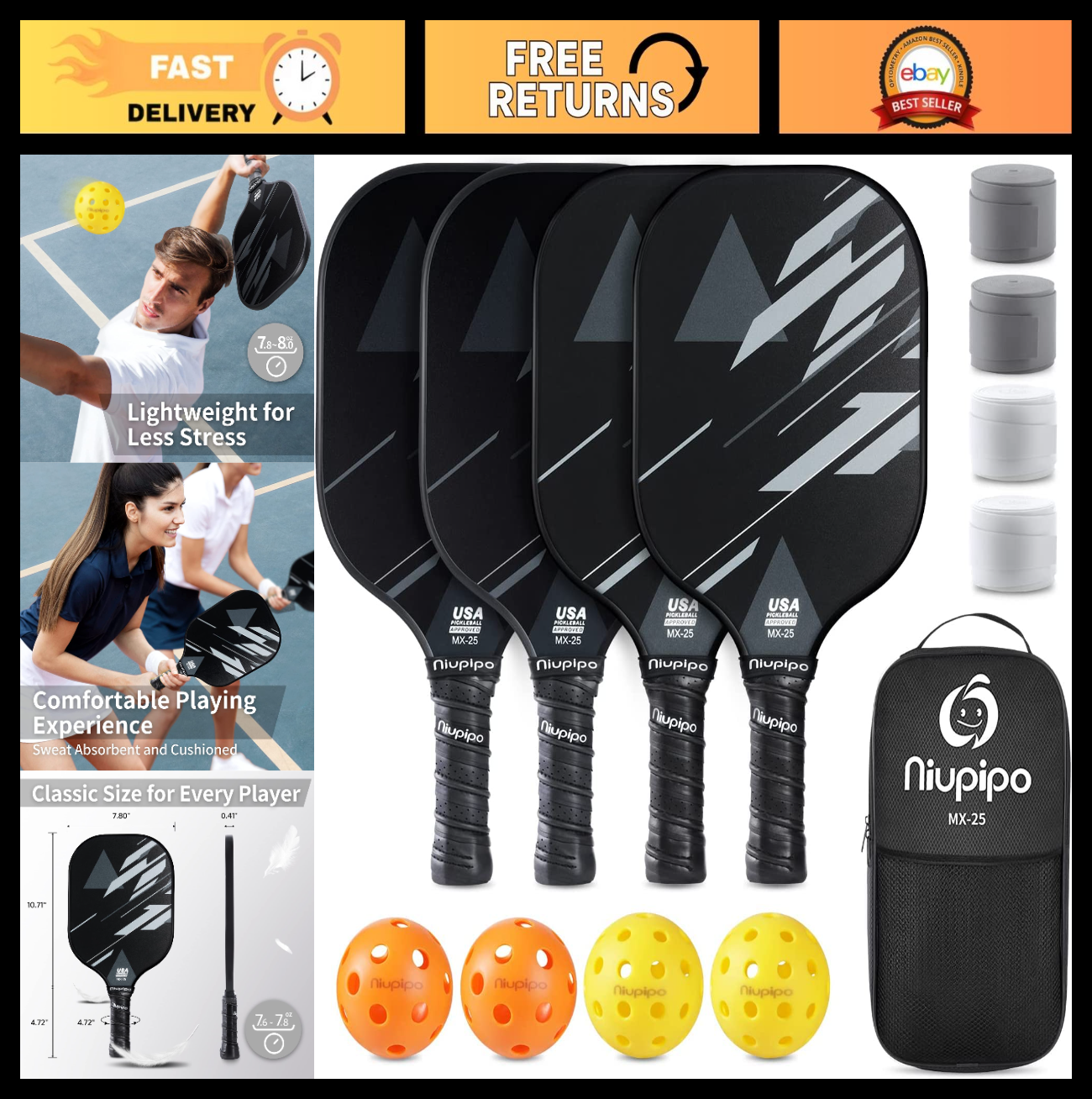 Pickleball Paddle Set of 2 or 4 - USAPA Approved, Fiberglass, Lightweight, with0