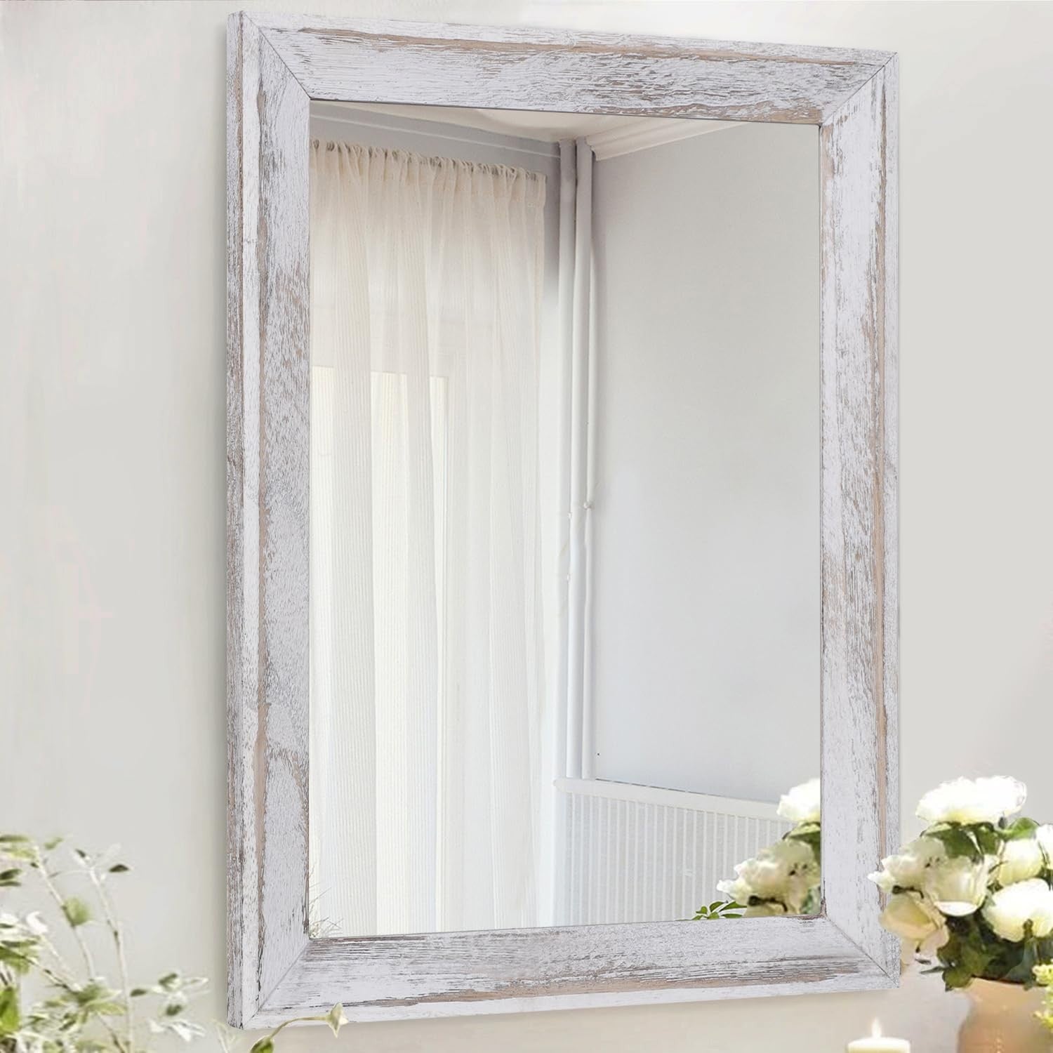 Rustic Wood Framed Wall Mirror - Decorative Hanging Mirror for Farmhouse, Bedroo1