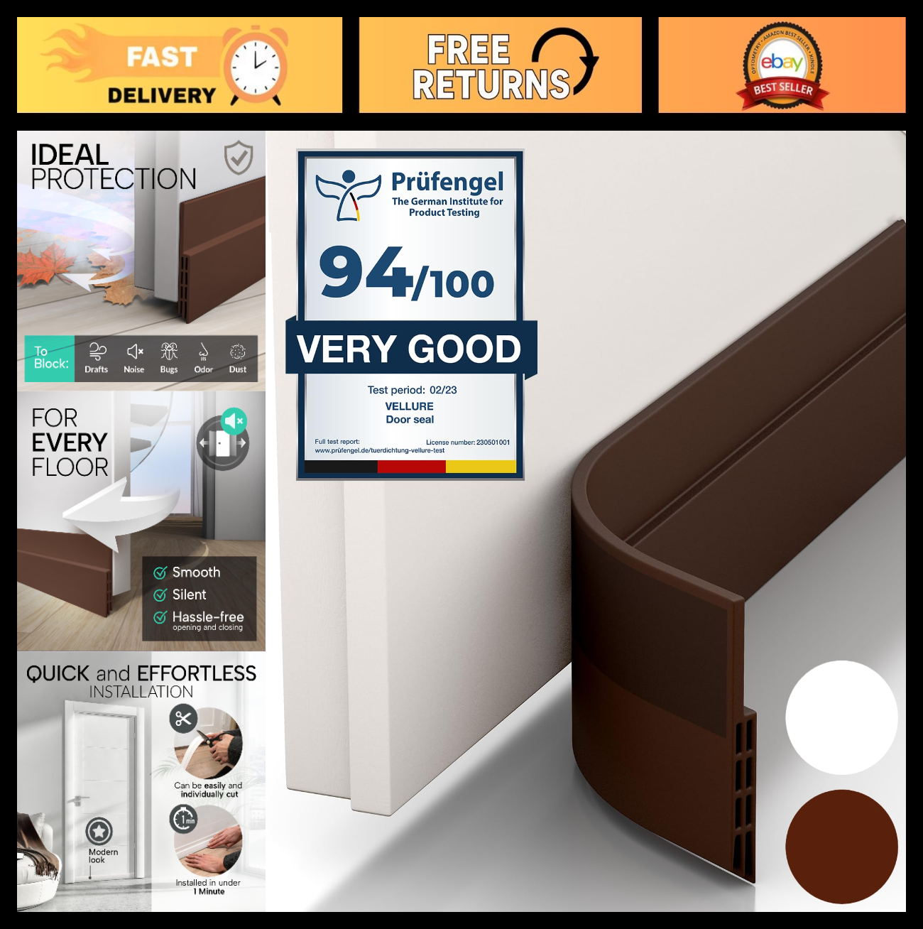 Premium Door Draft Stopper   Energy Saving Door Sweep Seal Strip, 39" Brown0