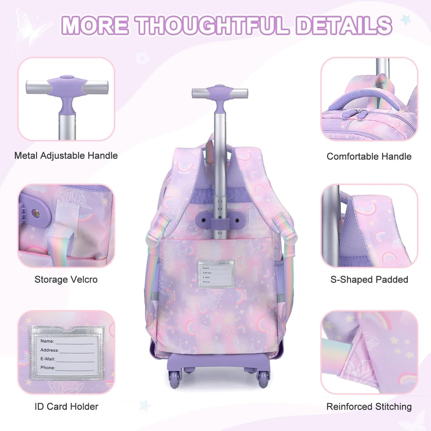 3PCS Girls Rainbow Butterfly Rolling Backpack Set with Lunch Box   Purple5