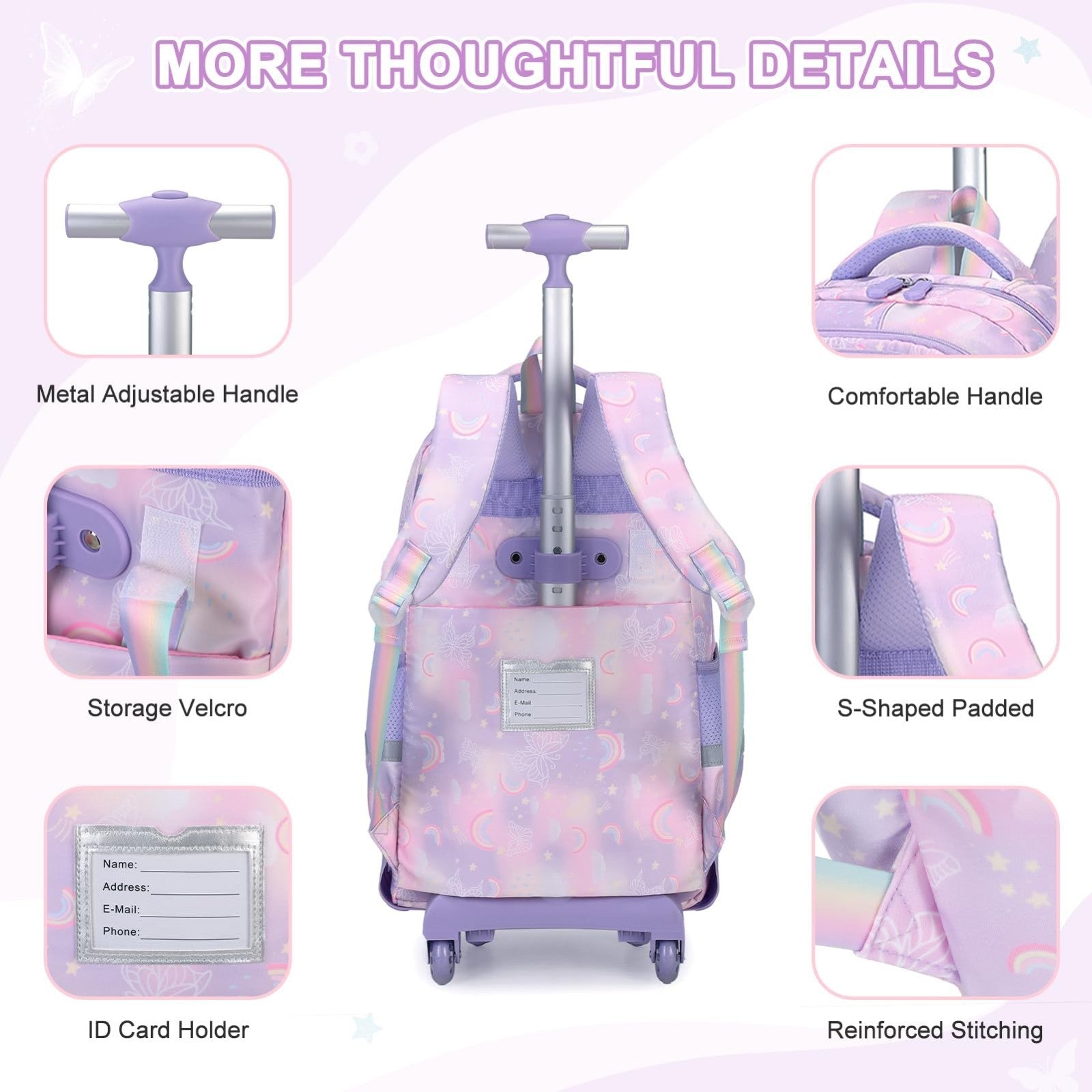 3PCS Girls Rainbow Butterfly Rolling Backpack Set with Lunch Box   Purple5