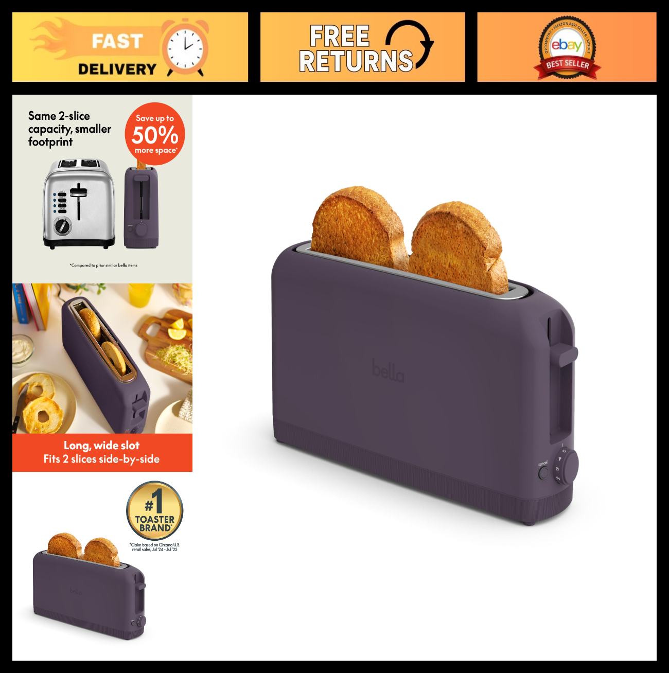 2 Slice Slim Toaster with Long Slot & Extra Wide Design   Plum Color, Compact &0