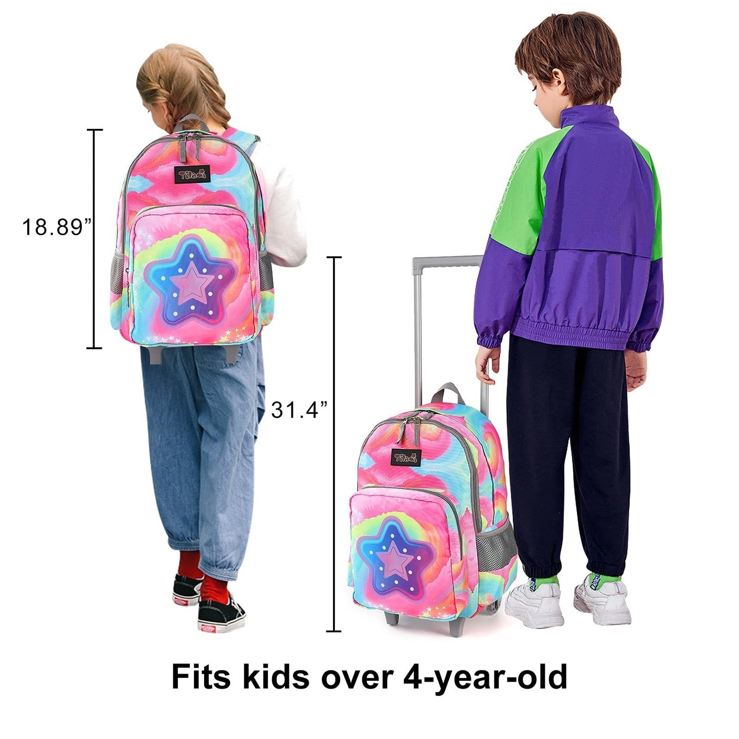 Wheeled Kids Backpack 18" with Lunch Bag, Double Handle Rolling Backpack, Starli6