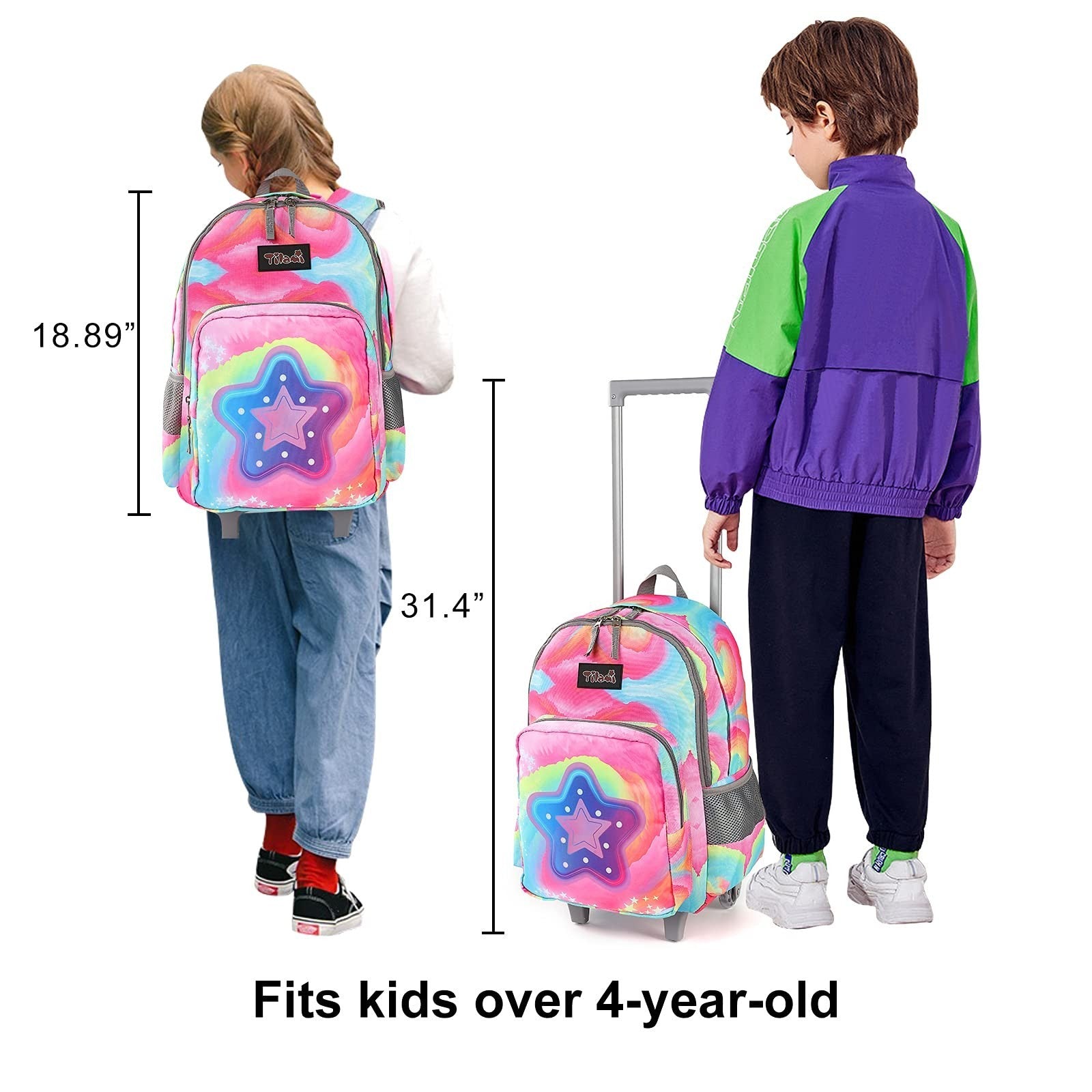 Wheeled Kids Backpack 18" with Lunch Bag, Double Handle Rolling Backpack, Starli6