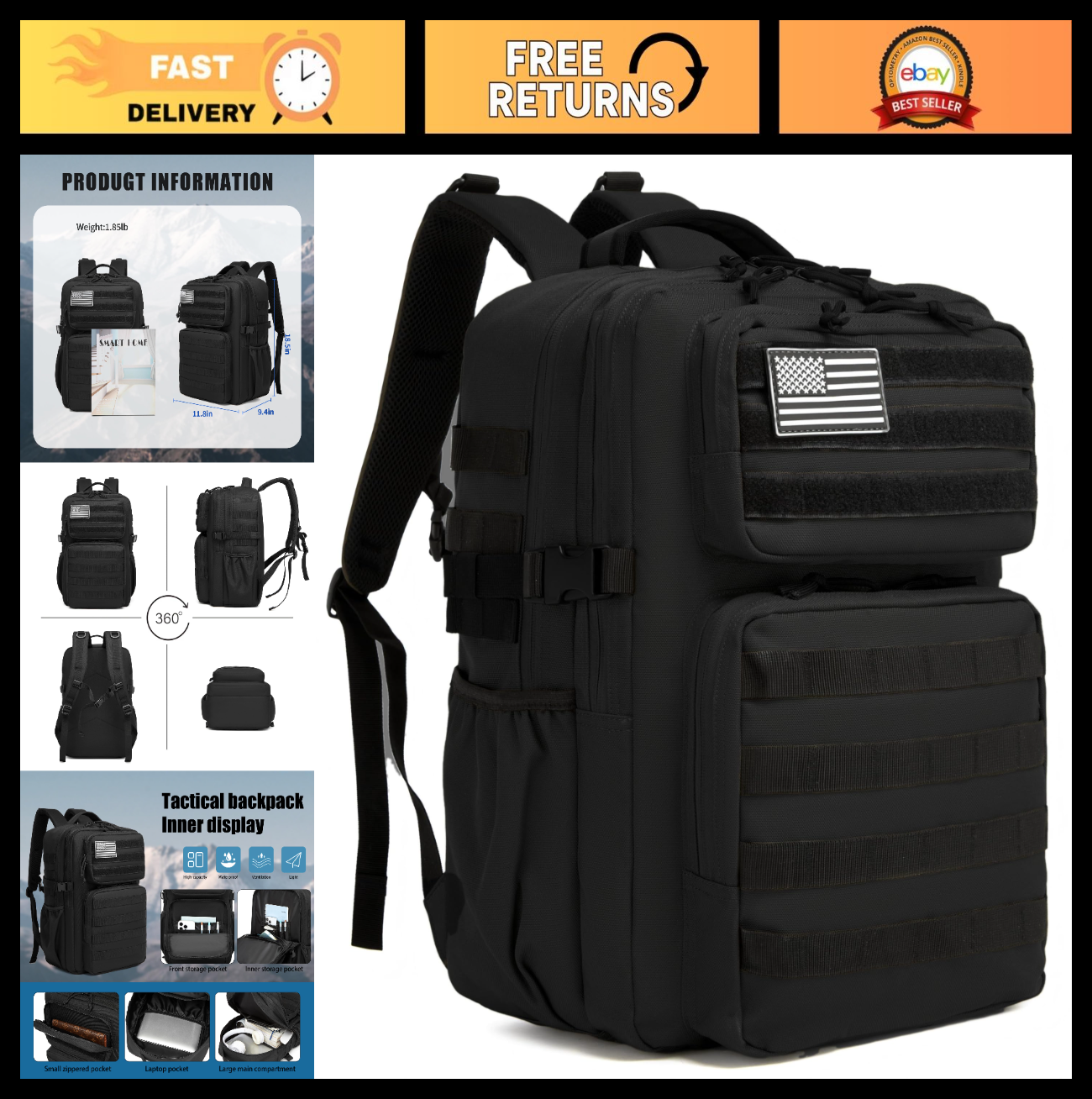 Waterproof Military Tactical Backpack   3 Day Assault Pack, Molle Daypack with B0