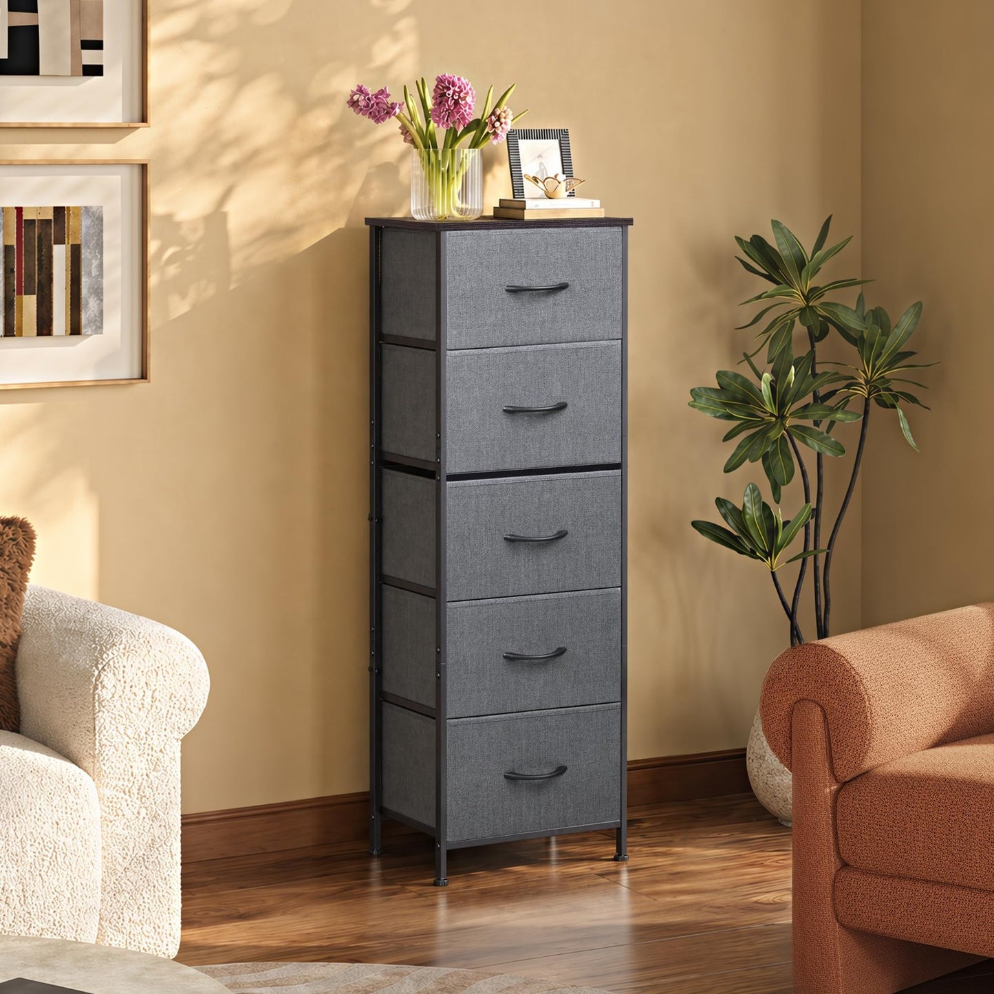 Tall Dresser for Bedroom - 5 Drawer Vertical Storage Chest, Dark Grey Fabric, Sm3