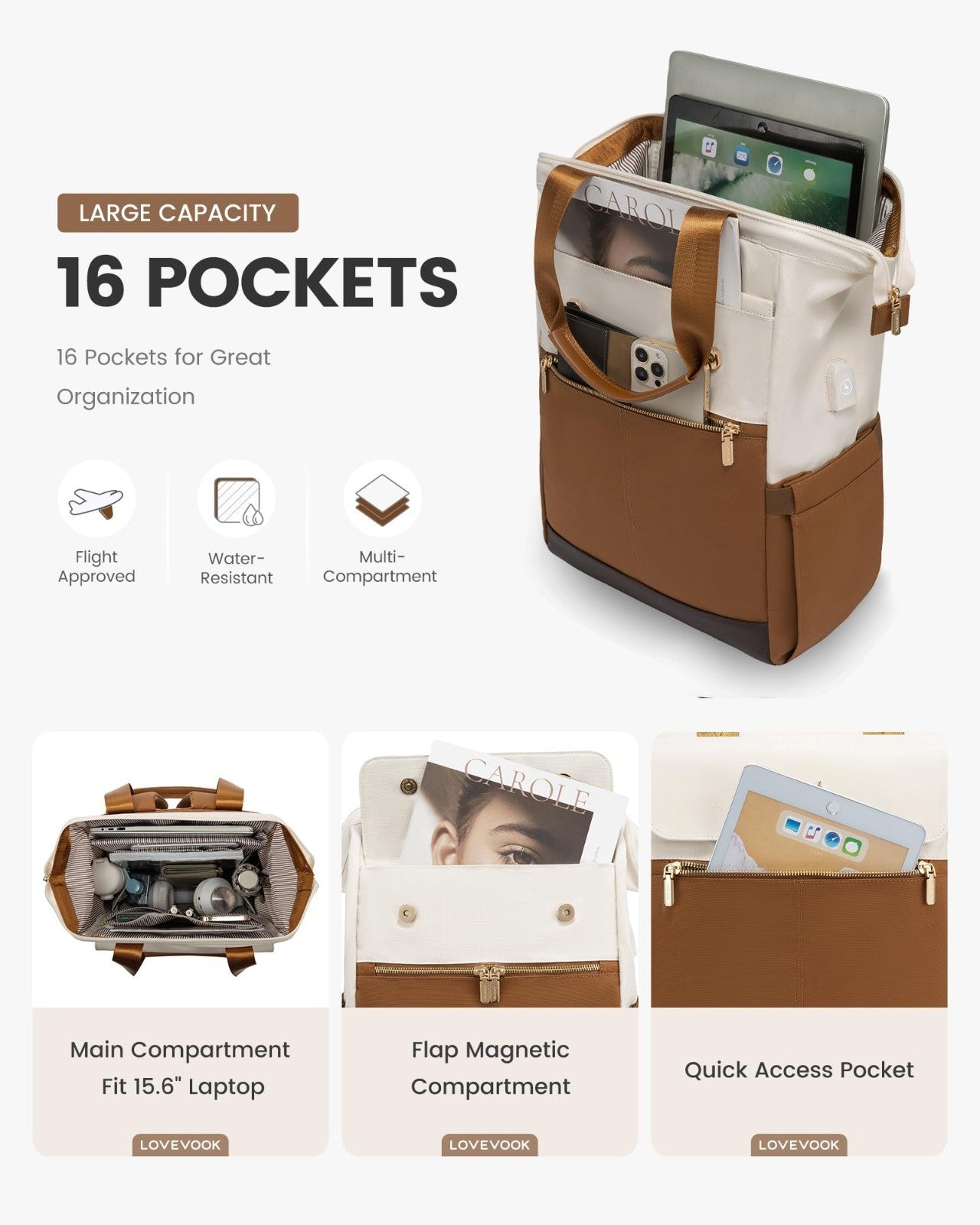 Stylish 15.6" Laptop Backpack for Women, USB Port, Waterproof, Tumbler Holder, T3