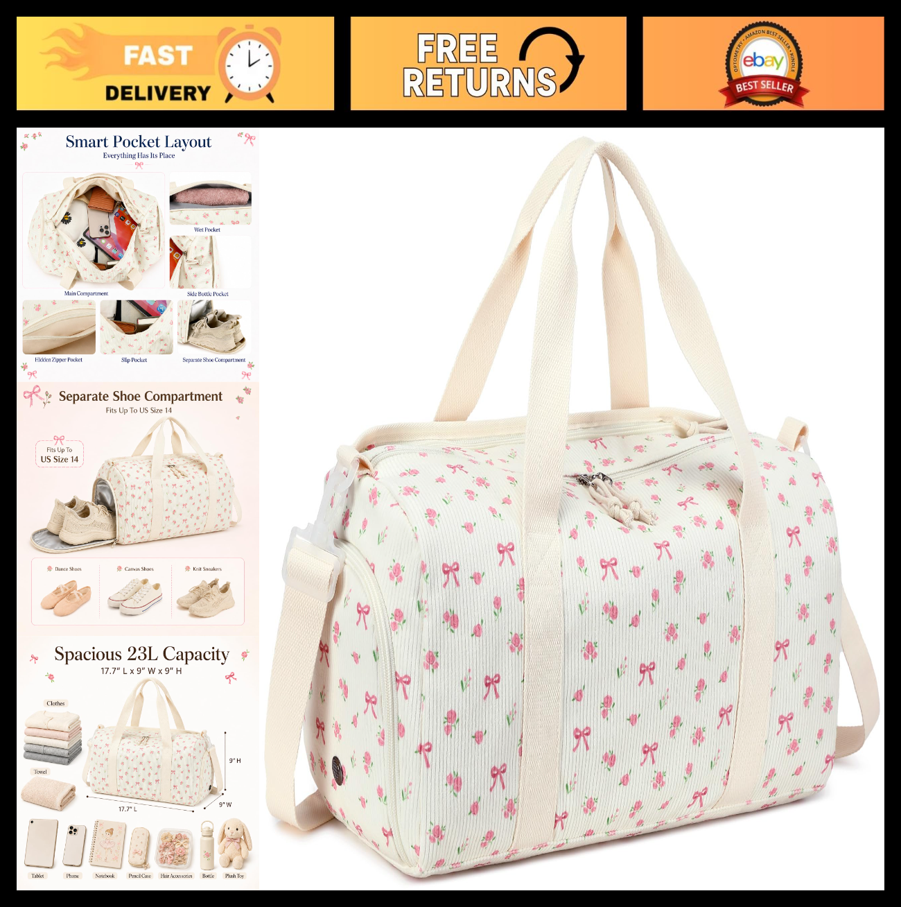 Cute Girls Duffle Bag with Shoe Compartment & Wet Separation - Waterproof Gym Tr0