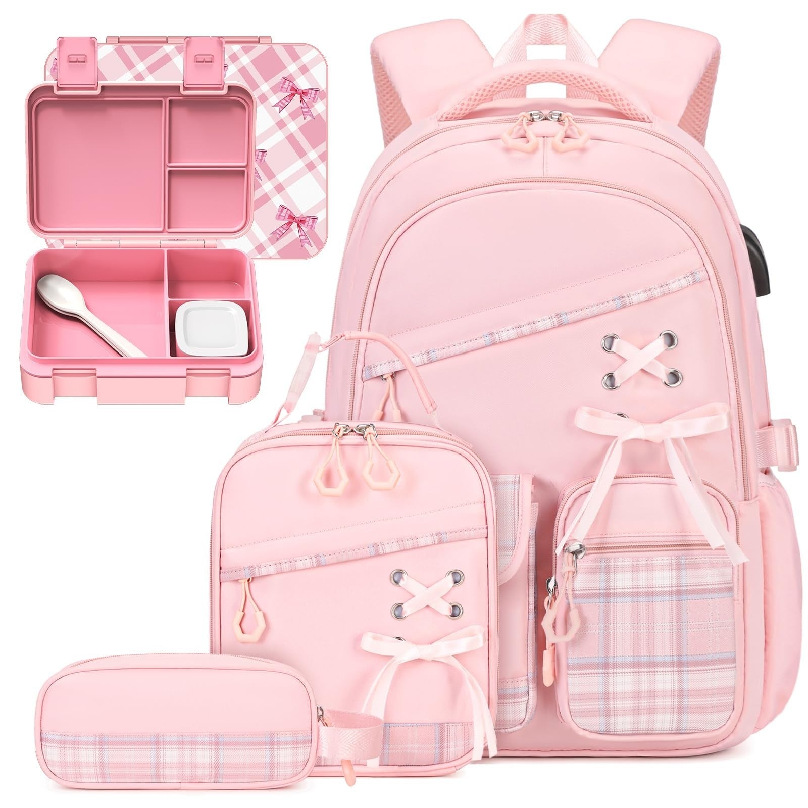 6PCS Girls Backpack Set with Lunch Bag, Bento Box & Pencil Pouch   Plaid School1