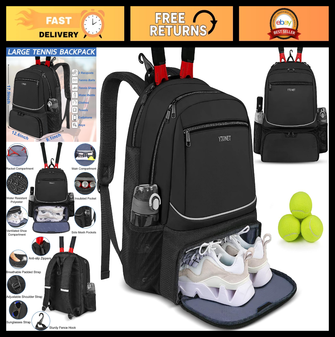 Insulated Tennis Backpack for 2 Rackets, Ventilated Shoe Compartment, Unisex0