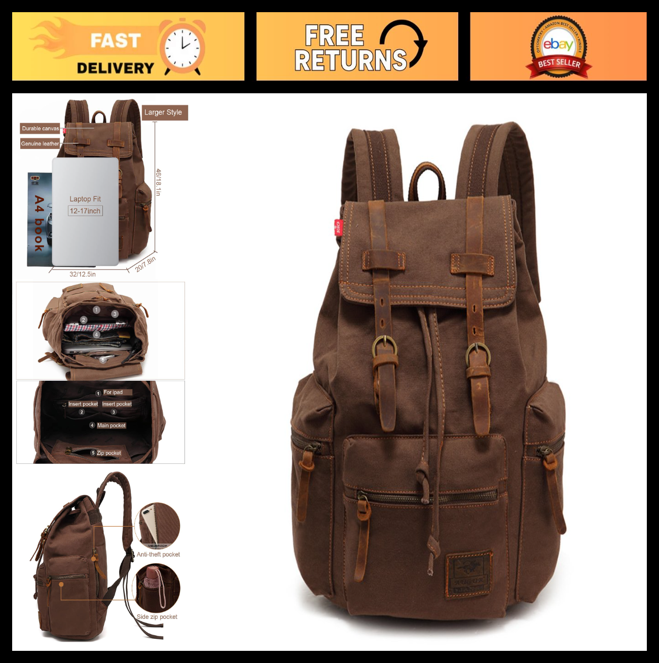 High Capacity Vintage Canvas Backpack for School, College, Hiking & Travel   Fit0