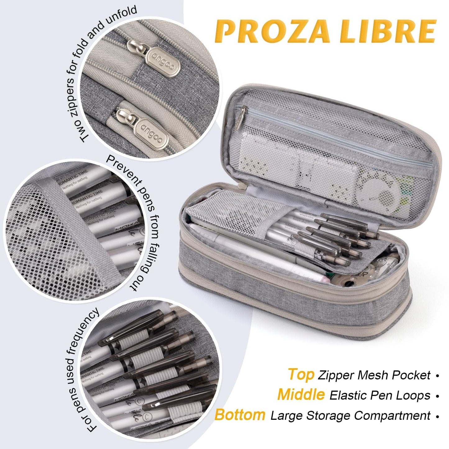 Large Capacity Pencil Case   Office & School Storage Organizer Bag Pouch   Gray4