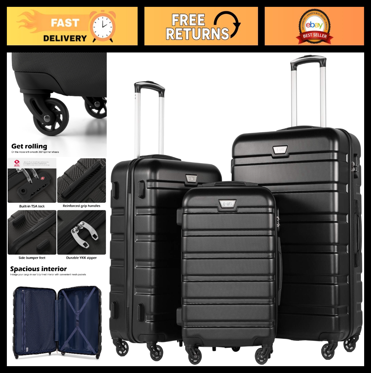 Lightweight 3-Piece Hardshell Luggage Set, 360° Spinner Wheels, TSA Lock, Black0